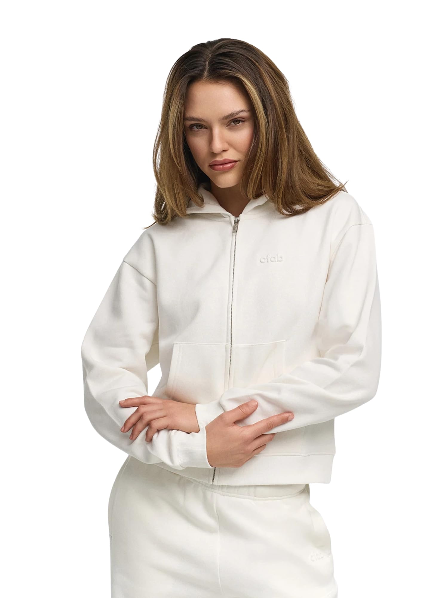 CFab Zip Hoodie Damen, Kapuzenpullover für Damen mit Reißverschluss, Sweatshirt Damen Relaxed Fit mit Kapuze, weicher Pullover Damen mit Taschen, Rippbündchen und geprägtem Logo