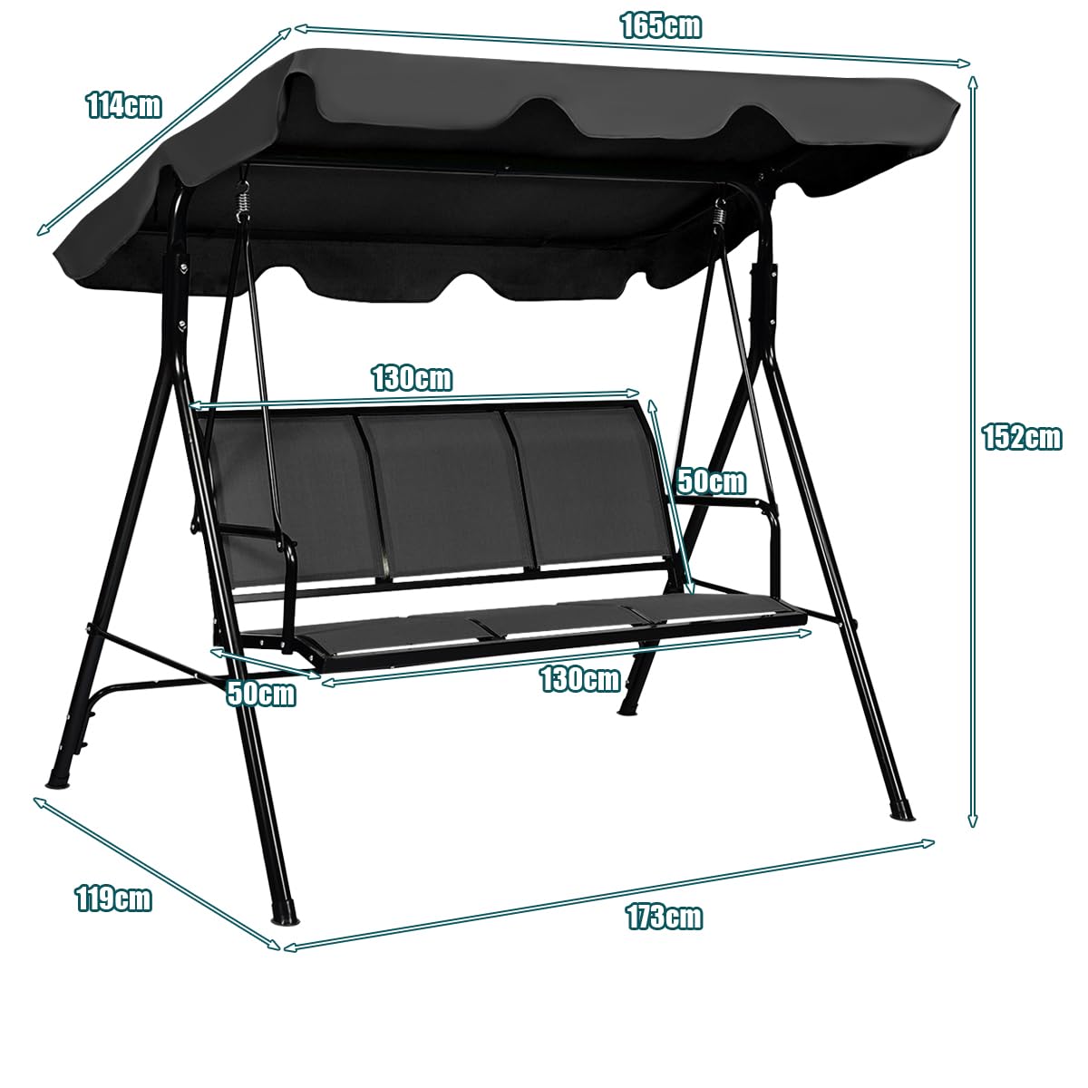 KOMFOTTEU Columpio de Jardín de 3 Plazas, Columpio Terreza Exterior con Toldo Ajustable y Respaldo Ergonómico, Banco Colgante con Marco de Metal, Balancín para Balcón, Patio (Negro)