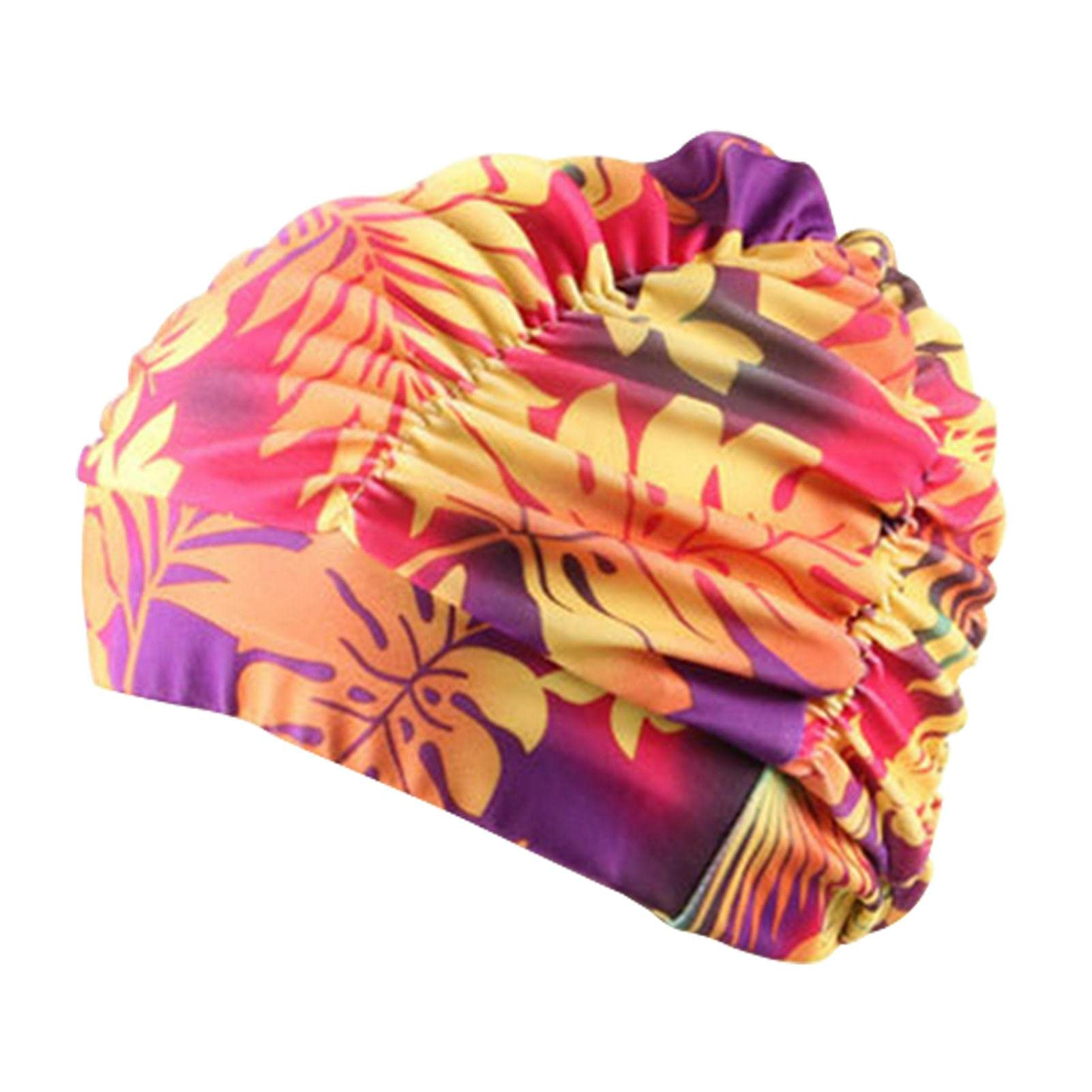 Pleated petal fabric swimming cap swimming beach seaside protection long hair ear cap girls ladies adult hats For Men's and Women's(COLOR:orange leaf)