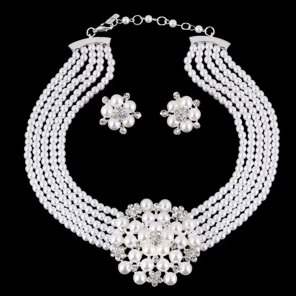 Fashionable and exaggerated multilayer Imitation pearl choker + earring jewelry set Bridal necklace Dress Accessories for Women's gifts - Image 6