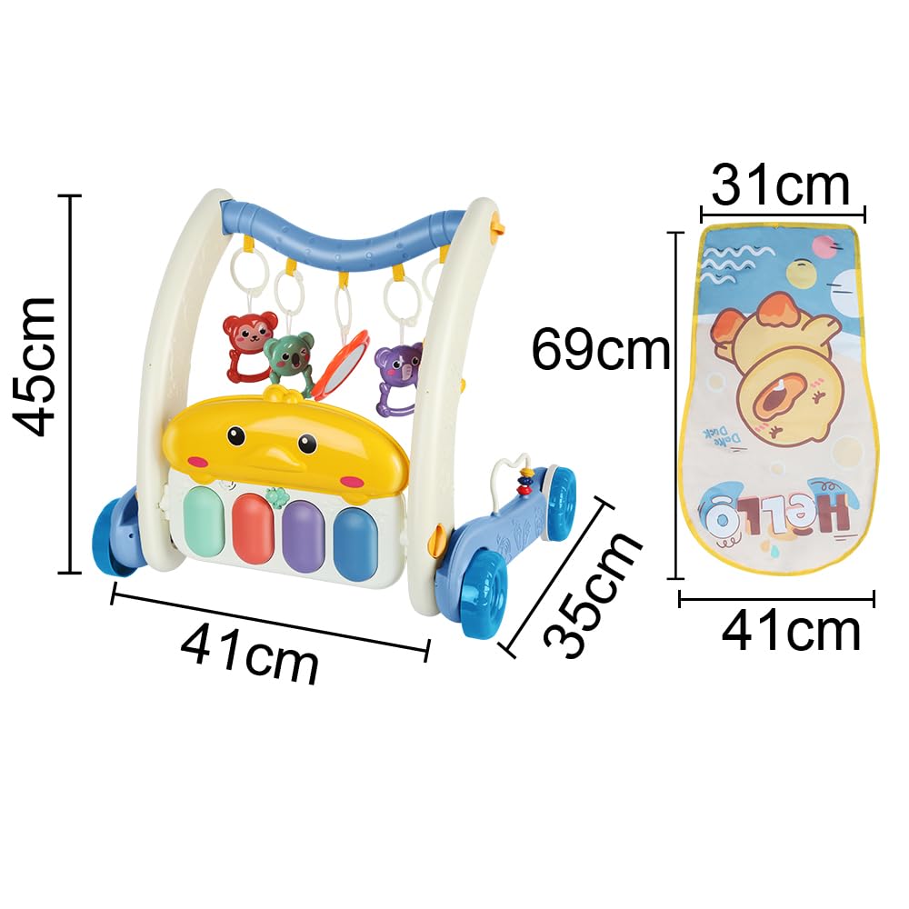4 in 1 Carrello da passeggio per bambino con tappeto di risveglio, per ragazzo e ragazza, girello da passeggio con lavagnetta staccabile giocattolo per neonati (blu)
