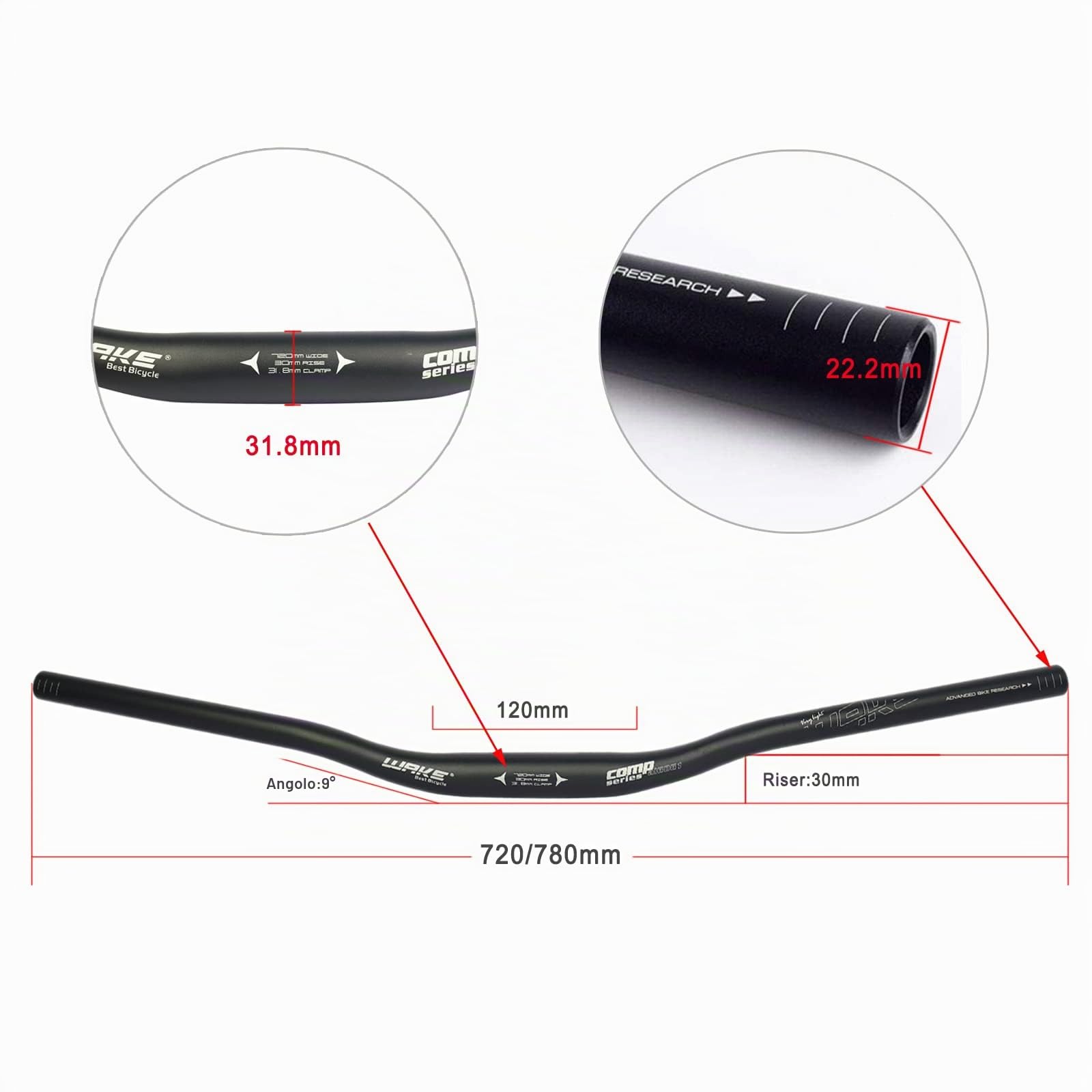 Wake Manubrio MTB Alluminio 31.8 Manubri Bici da Corsa 22mm Mountain Bike Riser Handlebar Bicicletta 720mm