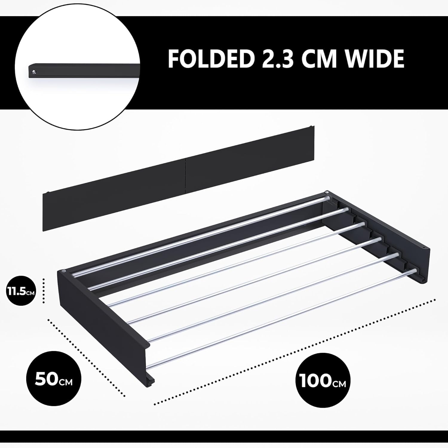 Vonia Étendoir Mural XXL Pliable Intérieur & Extérieur – Séchoir à Linge Compact 100 x 50 cm – Gain de Place (Noir)