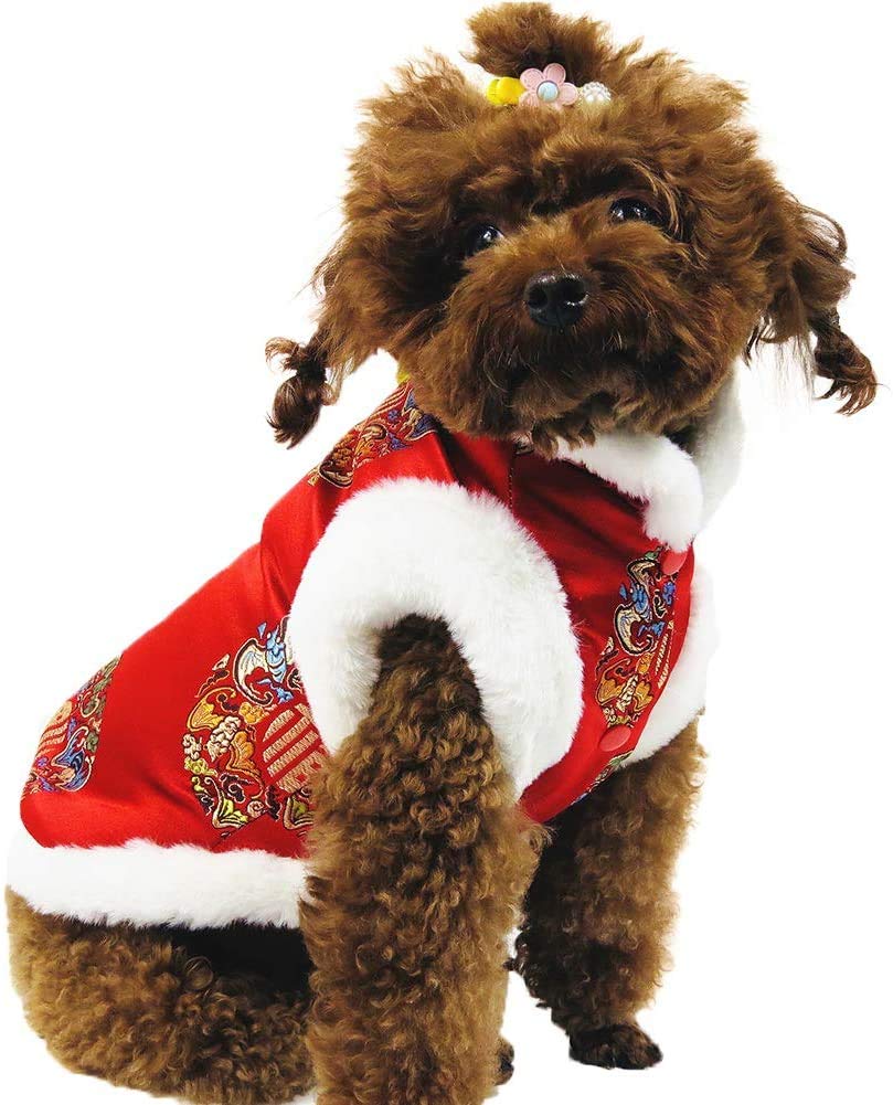 DelifurDog Blessing Cheongsam Chinese Traditional Pet Chrysanthemum Coat Winter Cat New Year Costume for Small Medium Dogs Cats (Blessing, Small)