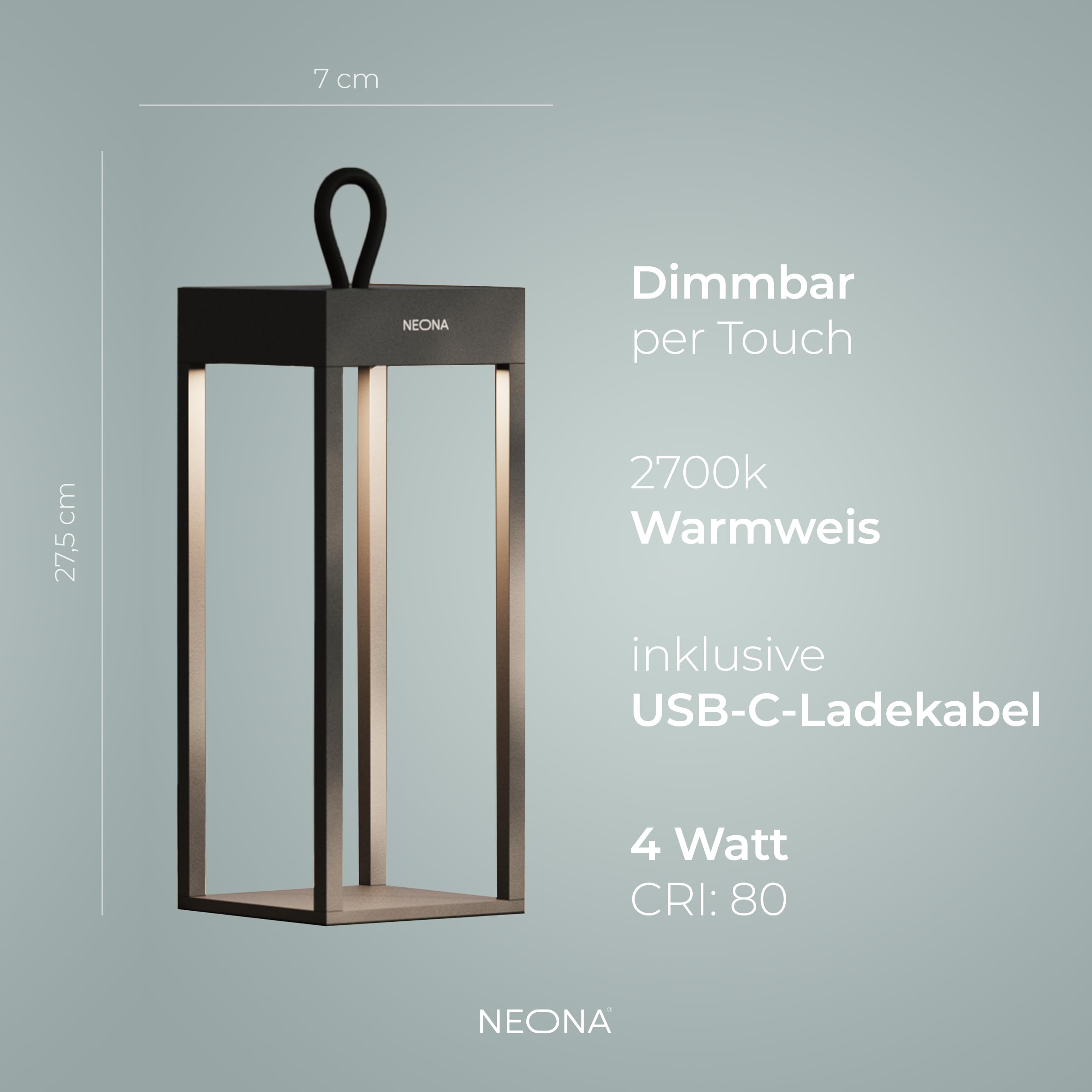 NEONA LED-Tischleuchte schwarz dimmbar - Nero Design-Tischlampe mit Touch & Ladestation - 2400mA Akku - IP54 Indoor & Outdoor geeignet - hochwertige Beleuchtung