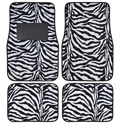 A Set of 4 Universal Fit Animal Print Carpet Floor Mats for Cars / Truck - Zebra White Tiger