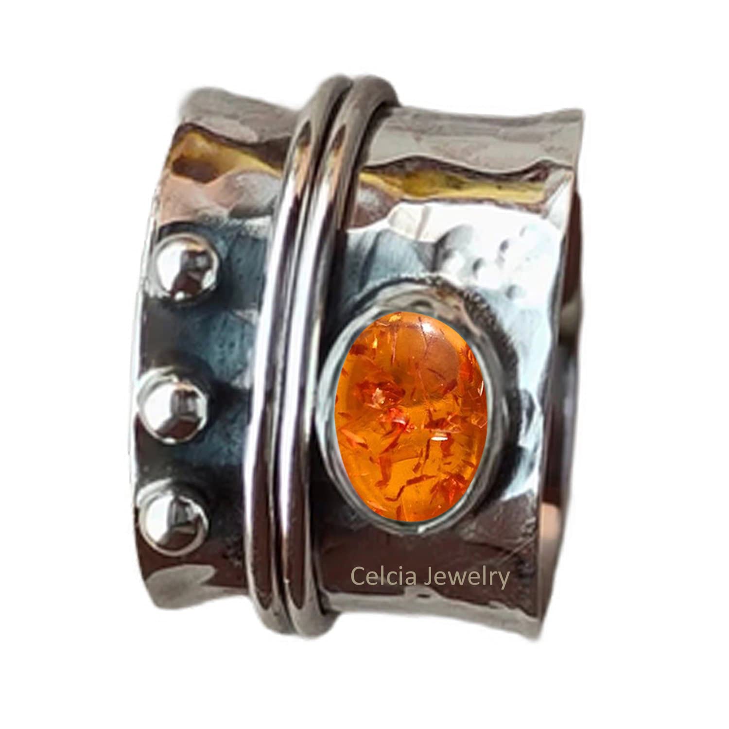 Anillo giratorio de meditación de plata de ley 925 sólida, anillo giratorio de piedras preciosas de ámbar báltico natural, joyería artesanal única para mujeres/hombres