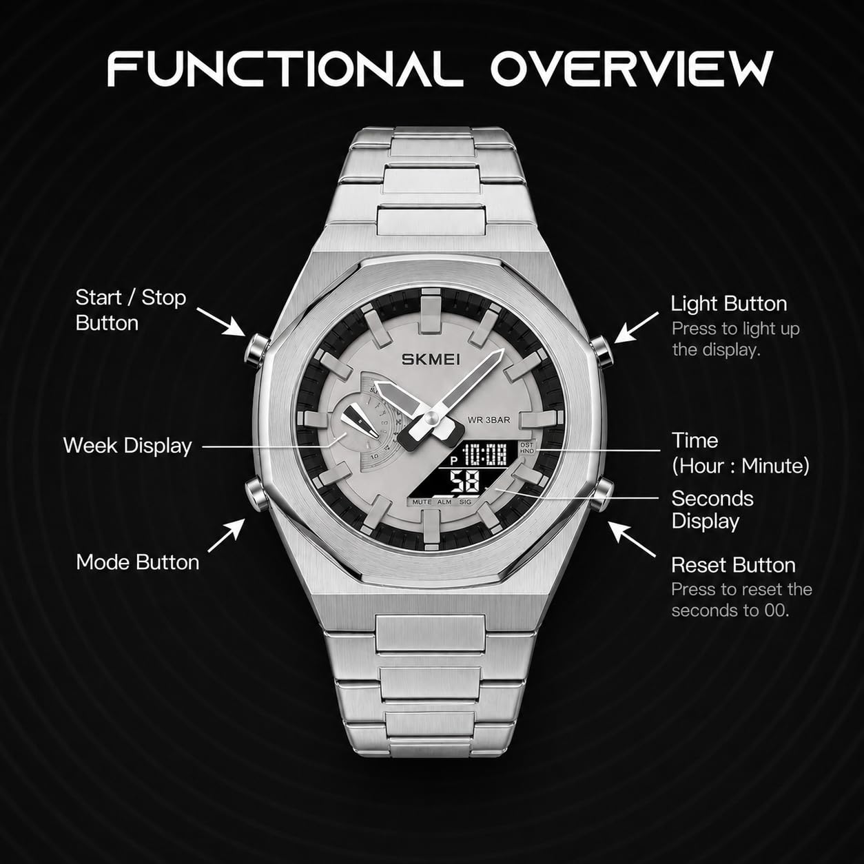 SKMEI Orologio da uomo elettronico a doppio display con luminoso, impermeabile fino a 50 m, orologio sportivo alla moda, multifunzione, 1816