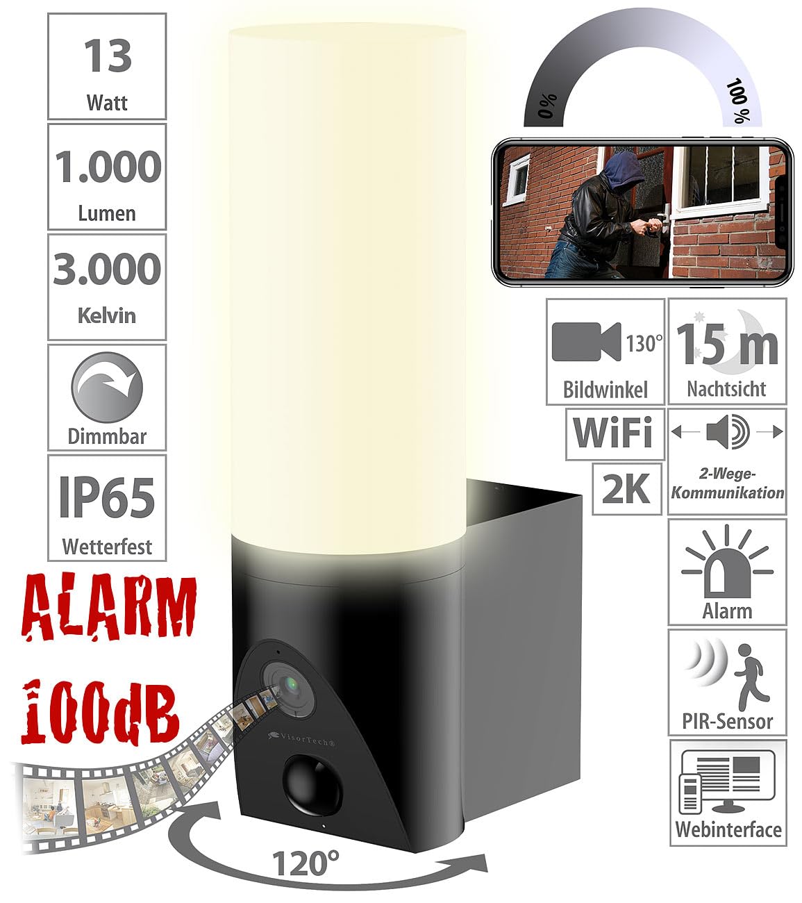 VisorTech Außenleuchte mit Kamera: LED-Außenwandleuchte & WLAN-2K-Kamera, PIR, Nachtsicht, App, schwarz (Outdoor Cam, Outdoor-Überwachungskamera WLAN, Funk Bewegungsmelder)