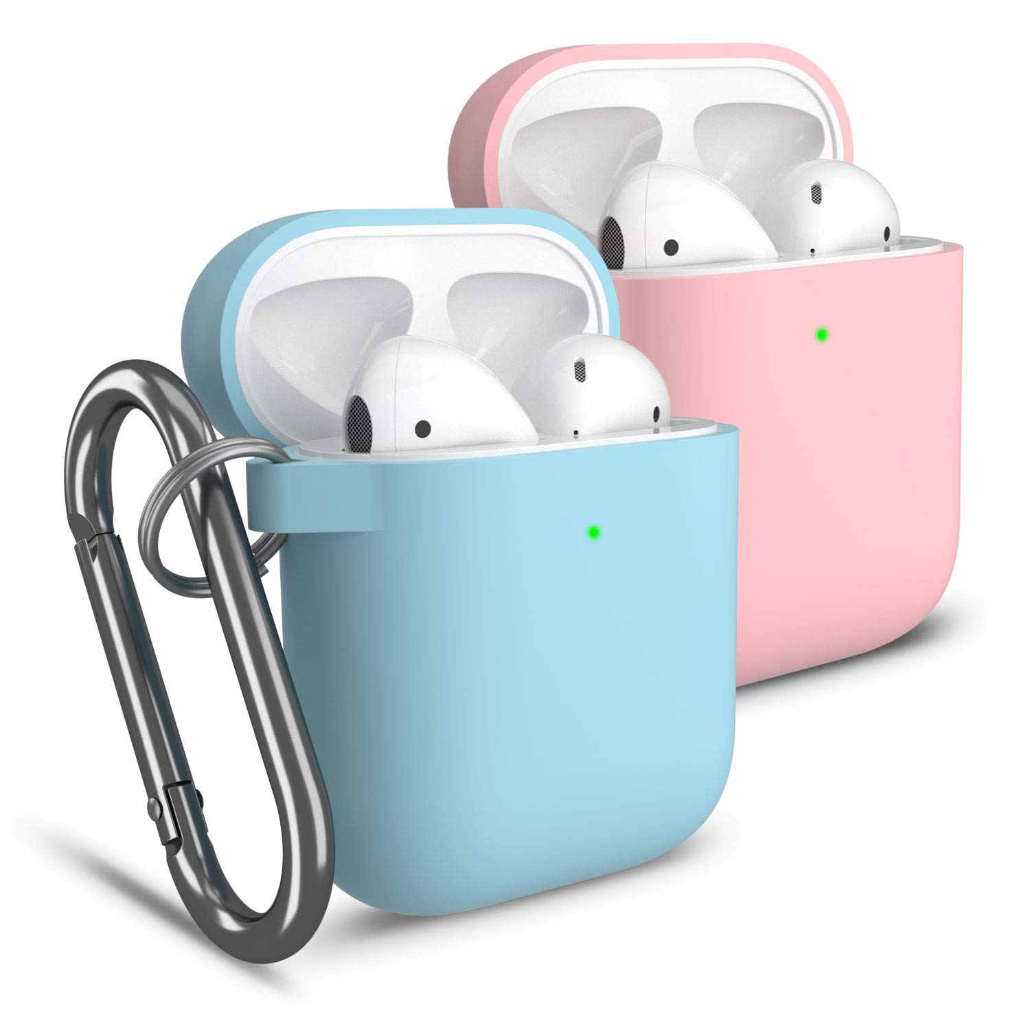 Cuauco Compatible for AirPods Case,2 Pack Protective Silicone Case Cover for Apple AirPods 2&1,Front LED Visible,with 2 Keychain,30 Pcs Cleaning Kit(Includes Anti Static Brush,Swabs)(Pink+Sky Blue)