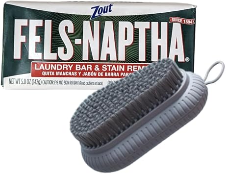 Fels Naptha Laundry Detergent Bar Soap and Stain Remover Bundle Includes 1 5oz Fels Naptha-Laundry Bar and Blehblu Household Cleaning Scrub Brush - Cloud Gray