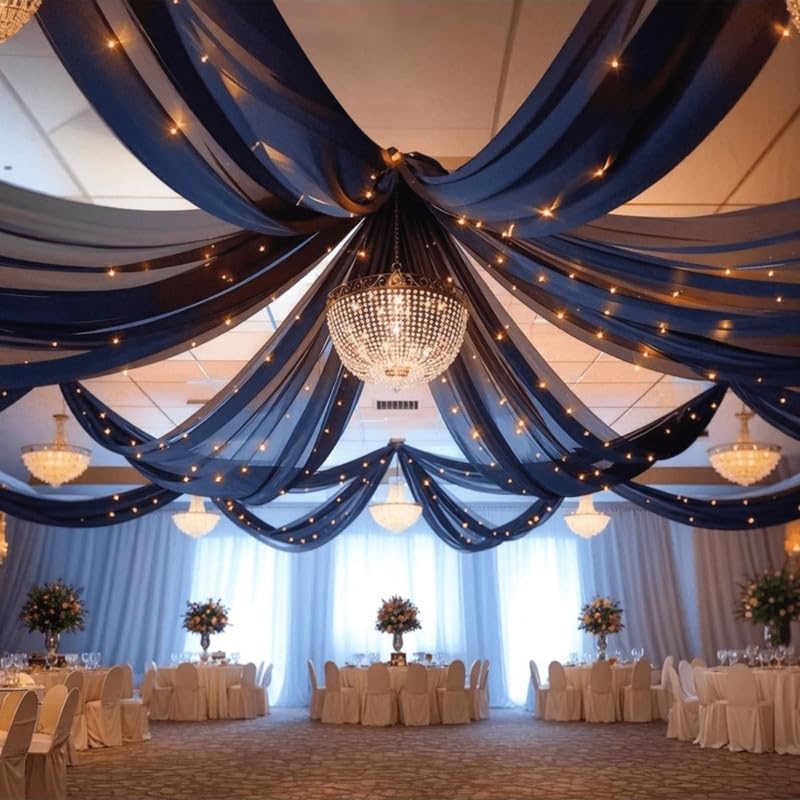 Image of Shimmers Blue Net Curtain Decoration Set - 5 Pcs Kit with 2 Curtains (4x8 ft), Fairy Lights & Hooks, Wedding Backdrop & Home Decor