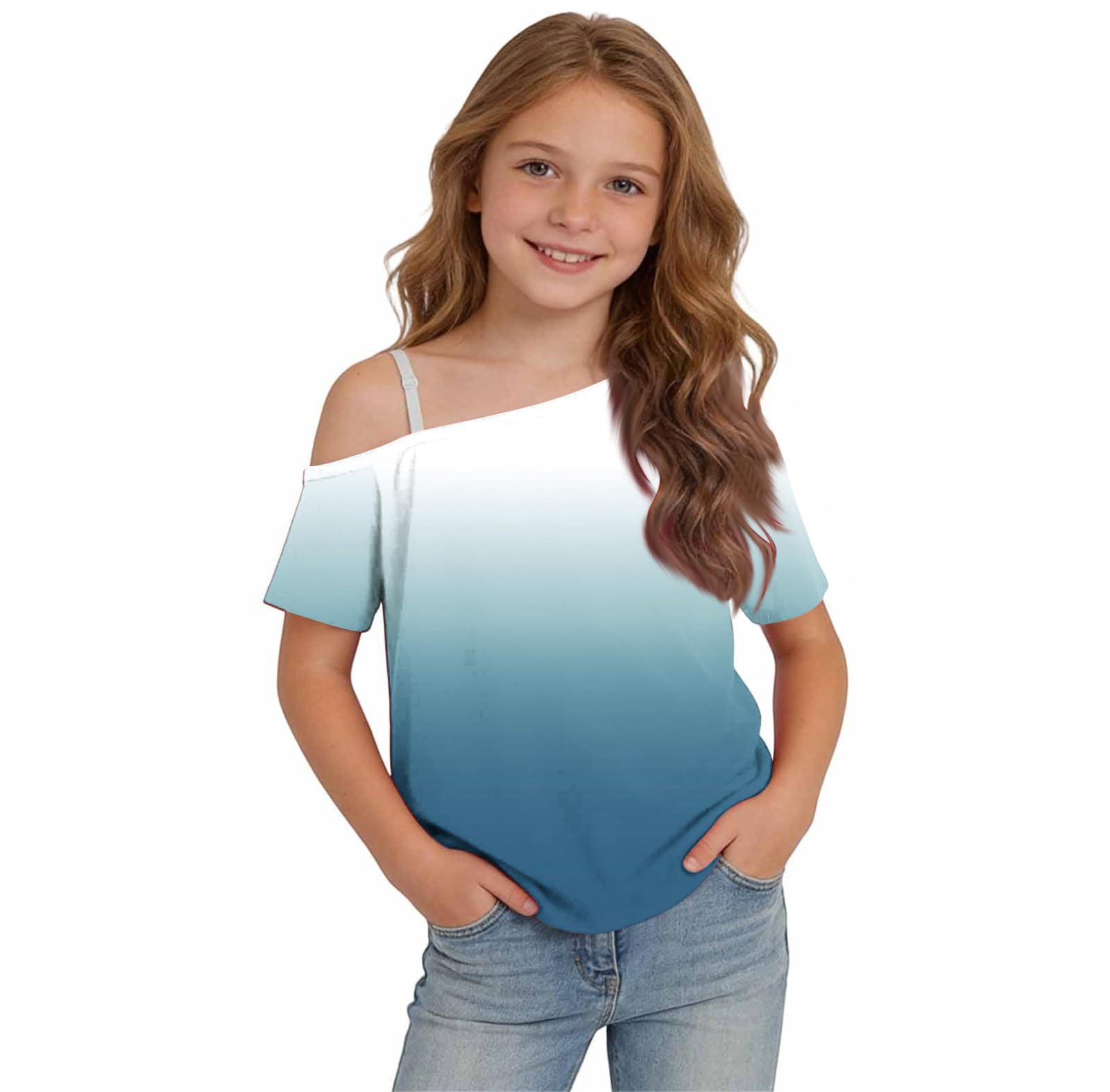 Camisetas de manga corta con hombros descubiertos para niñas, adolescentes, elegantes, transpirables, para la escuela, básicas, de un hombro, holgadas, informales, invitadas de boda, 5-14 años, Reino