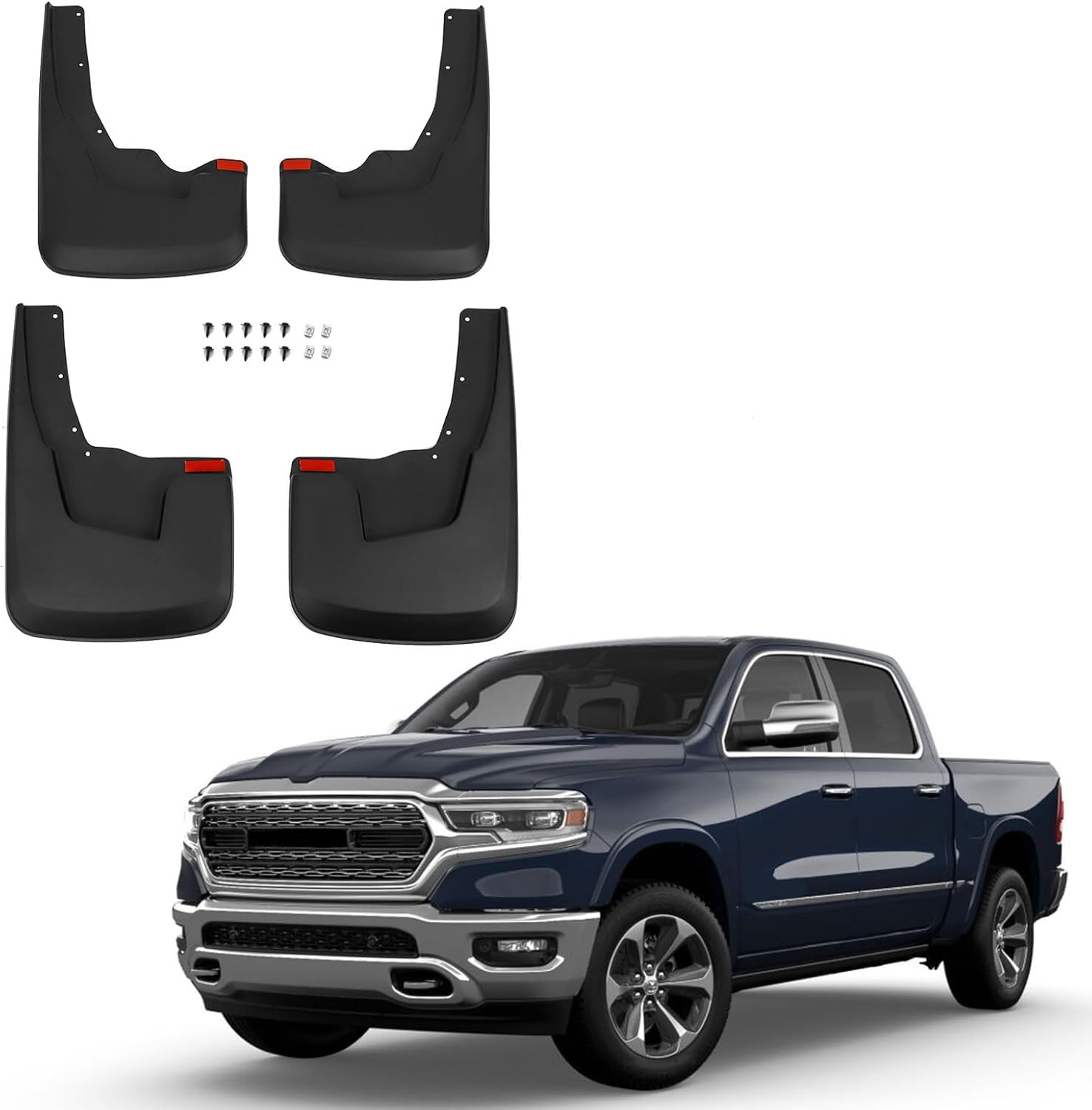 Mud Flaps Compatible with Dodge Ram 2019-2023 2024 Ram 1500 (New Body Style) with OEM Fender Flares Custom Front and Rear Mud Guard Set (4pcs-Set) (NOT TRX Model)