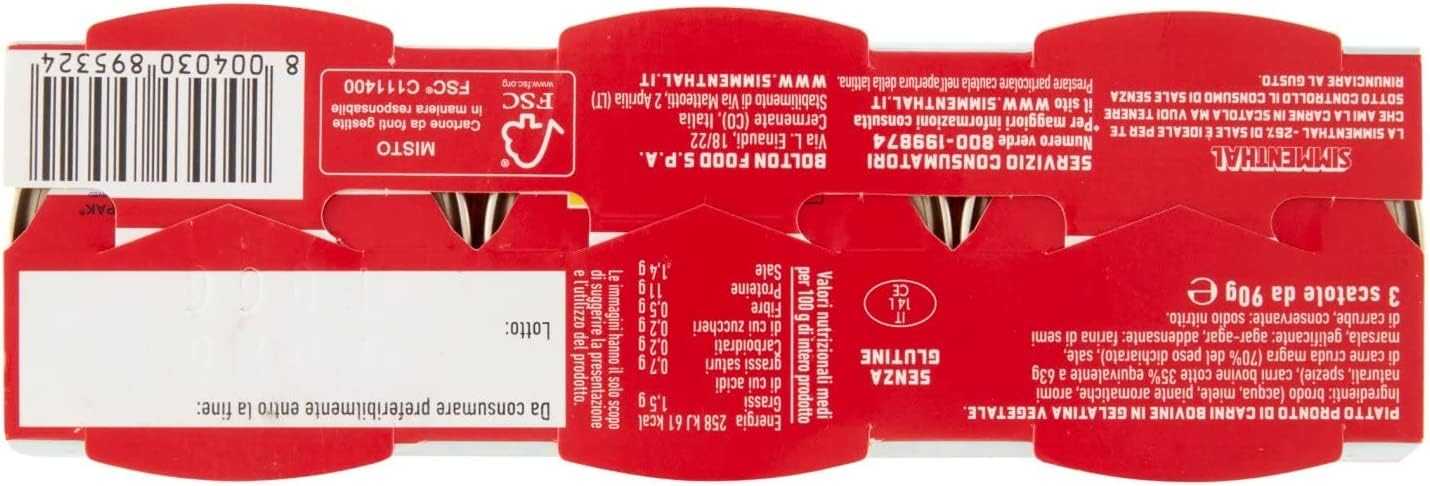 Italian Gourmet Menosale Carne Magra in Gelatina Rindfleisch 12 x 3 x 90g | Con verdure e miele, salzreduzierte Konserve mit -26% Salz, pronta per, Gesamtnettogewicht 270 g + Kostenlos Polpa 400g