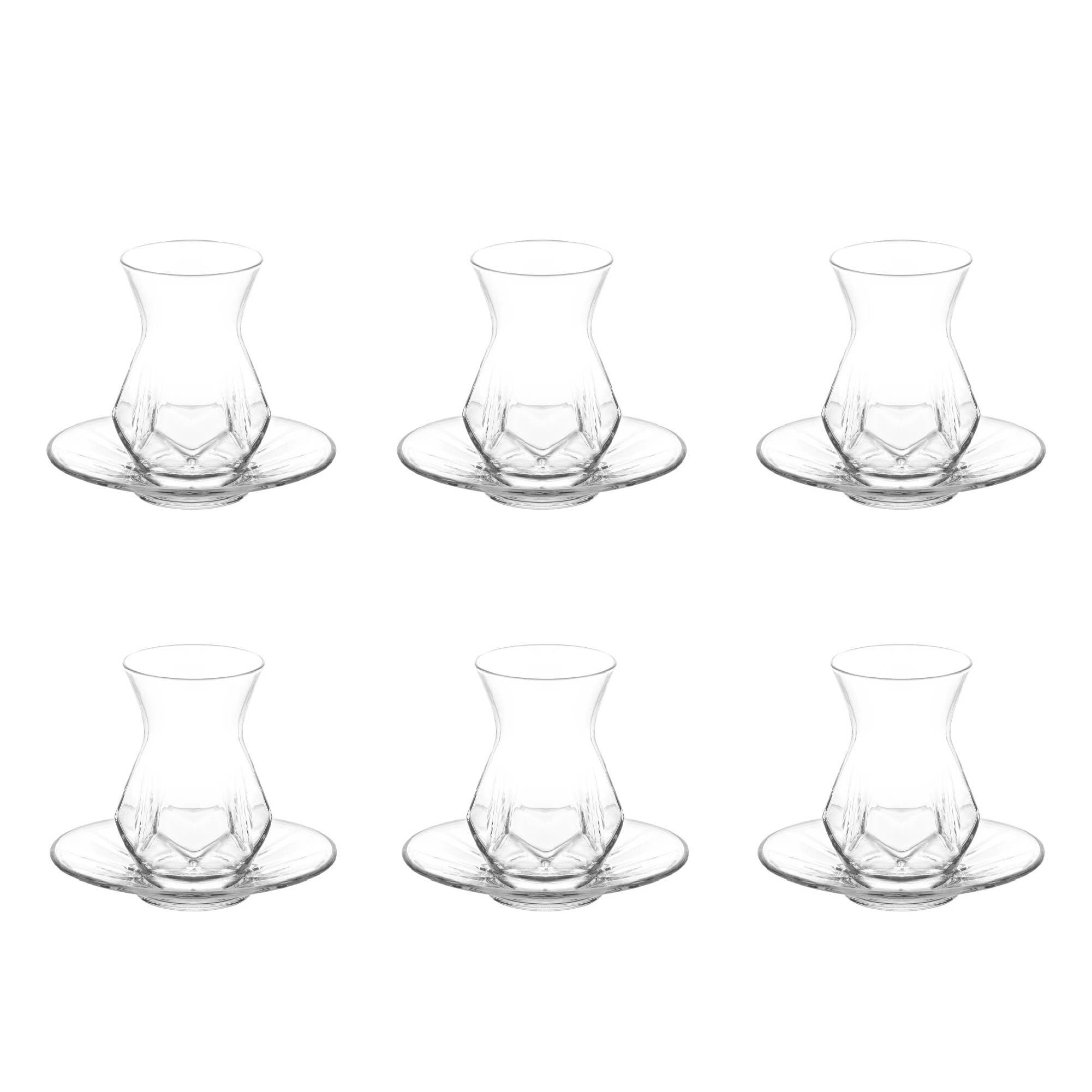 LAV Turkish Tea Set, Alya Tea Set, Turkish Teacups and Plates, Clear Glasses and Saucers, Special Design Turkish Tea Glasses with Coasters, 12 Pcs, 5.5 Oz (165 cc) (12 Pcs)