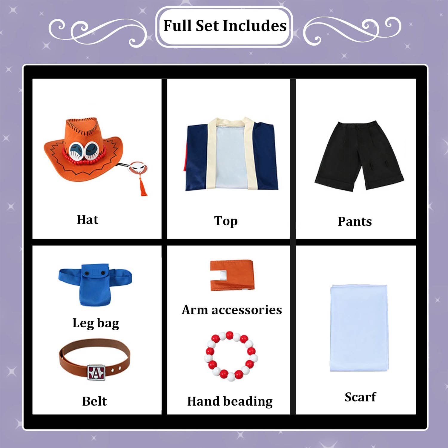 Anime One Piece Portgas D Ace Disfraz de cosplay Monkey D. Luffy Juego de Roles Uniforme Set Completo Halloween Carnaval Fiesta Traje de Vestir con Sombrero para Hombres