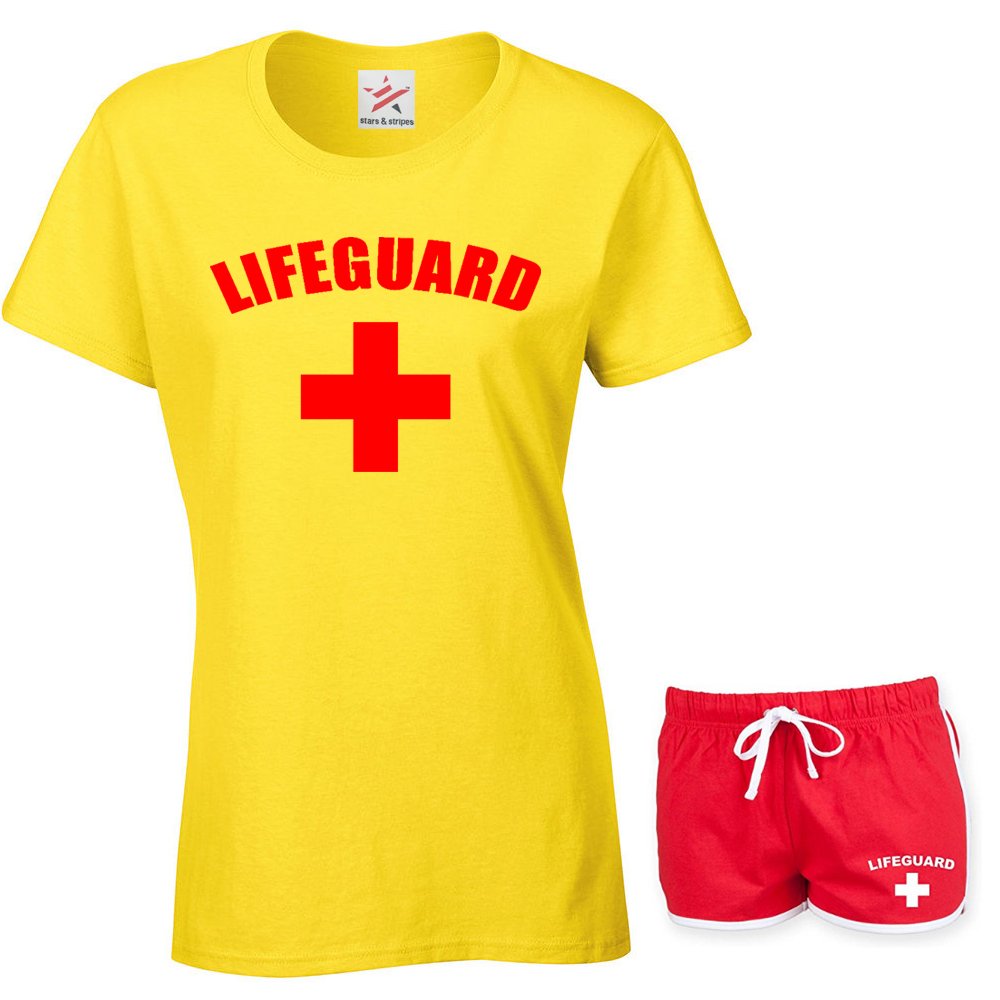 Lifeguard Cross + Ladies T Shirts and Shorts- Fancy Dress Beach Party Yellow Small