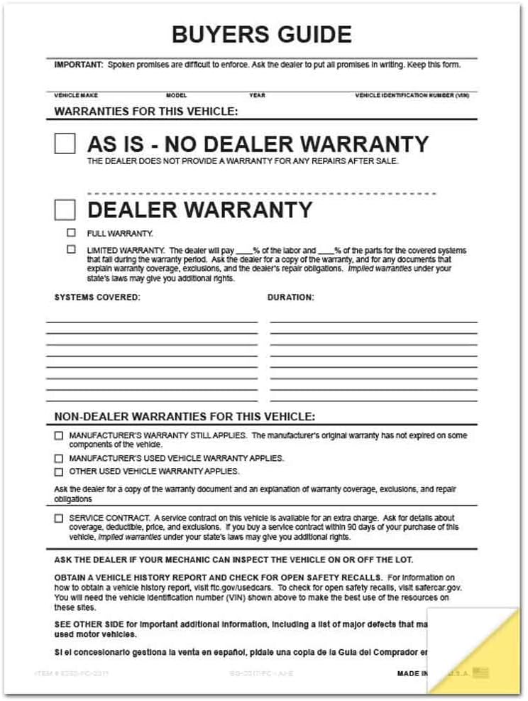 2-Part Buyers Guide Form File Copy - No Tape - As is or Dealer Warranty (100 per Pack)