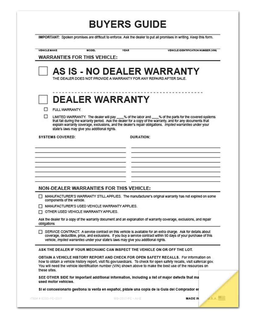 2-Part Buyers Guide Form File Copy - No Tape - As is or Dealer Warranty (100 per Pack)