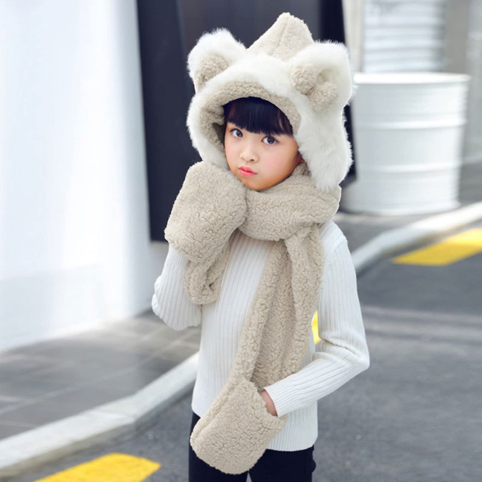 Dsgzkk Hat,Cute Winter Warm Cartoon Plush Hat with Scarf Pocket Gloves Hoodie 3 in 1 Warm Plush Winter Hat for Kids