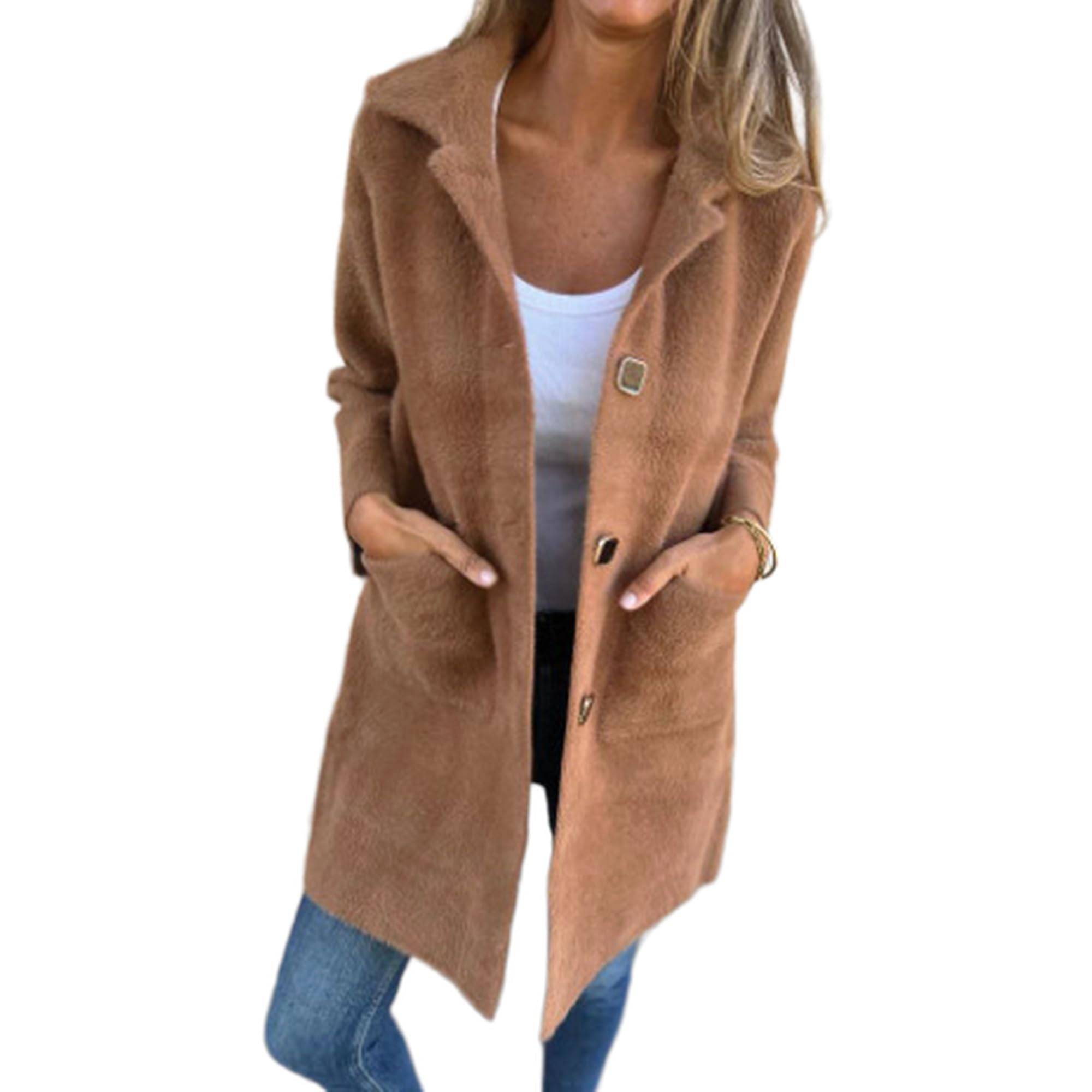 Cappotto lungo da donna con revers a tacca, monopetto, per l'inverno. | Cappotto lungo da donna, collo a revers, chiusura monopetto con bottoni, elegante cappotto invernale casual, color cammello,