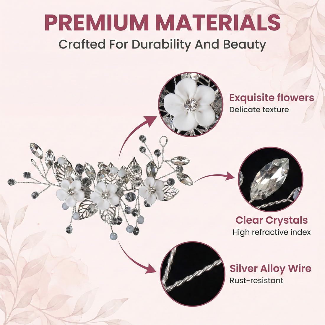 Pettinino per Sposa con Rami Fioriti, Accessori Capelli Eleganti per Cerimonia, Fermacapelli Decorativi per Donne & Ragazze (Argento)