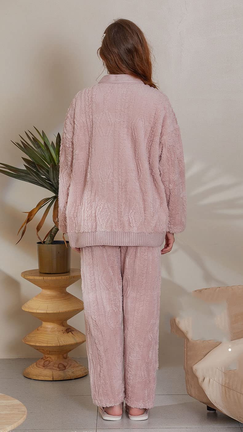CFWSHJ Herbst-Winter-Langarm-Nachtwäsche, Fleece-Pyjama, V-Ausschnitt, Tasche, süßer Loungewear-Pyjama, rosa-XXL-Code (Roze-XXL-Code)