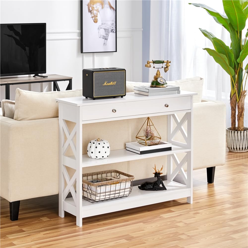 Yaheetech Konsolentisch, Flurtisch mit Schublade und 2-stufigen Ablagefächern, Beistelltisch Holz, Sofatisch mit stabilem X-Rahmen, für Eingang, Flur, Wohnzimmer, 100 x 30 x 80 cm, Weiß
