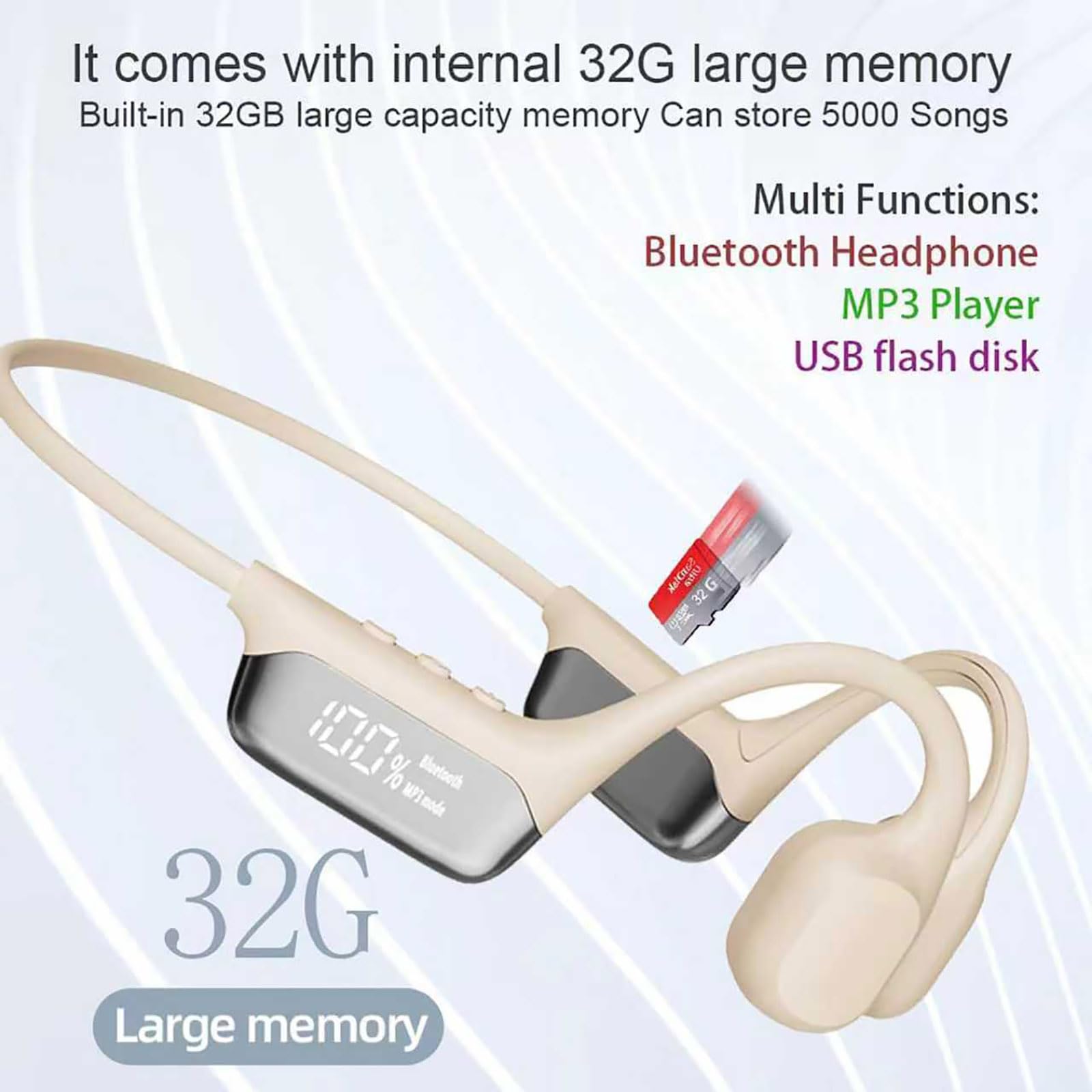 Auriculares MP3 Impermeables para Natación - Clasificación IPX68, Memoria Integrada De 32 GB, Batería De 8 Horas con Pantalla LED, Auriculares Abiertos para Conducir, Ciclismo,Black