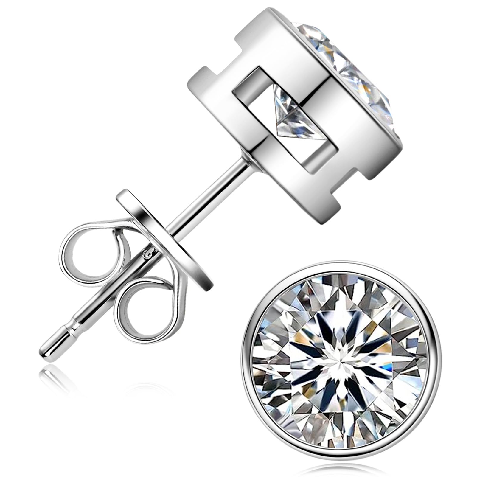 Inf.StoryMoissanite Stud Earrings, 0.5CT-2CT D Color VVS1 Brilliant Round Cut Lab Grown Diamond Earrings, 18K White Yellow Gold Plated Sterling Silver Bezel Stud Earrings for Women or Men