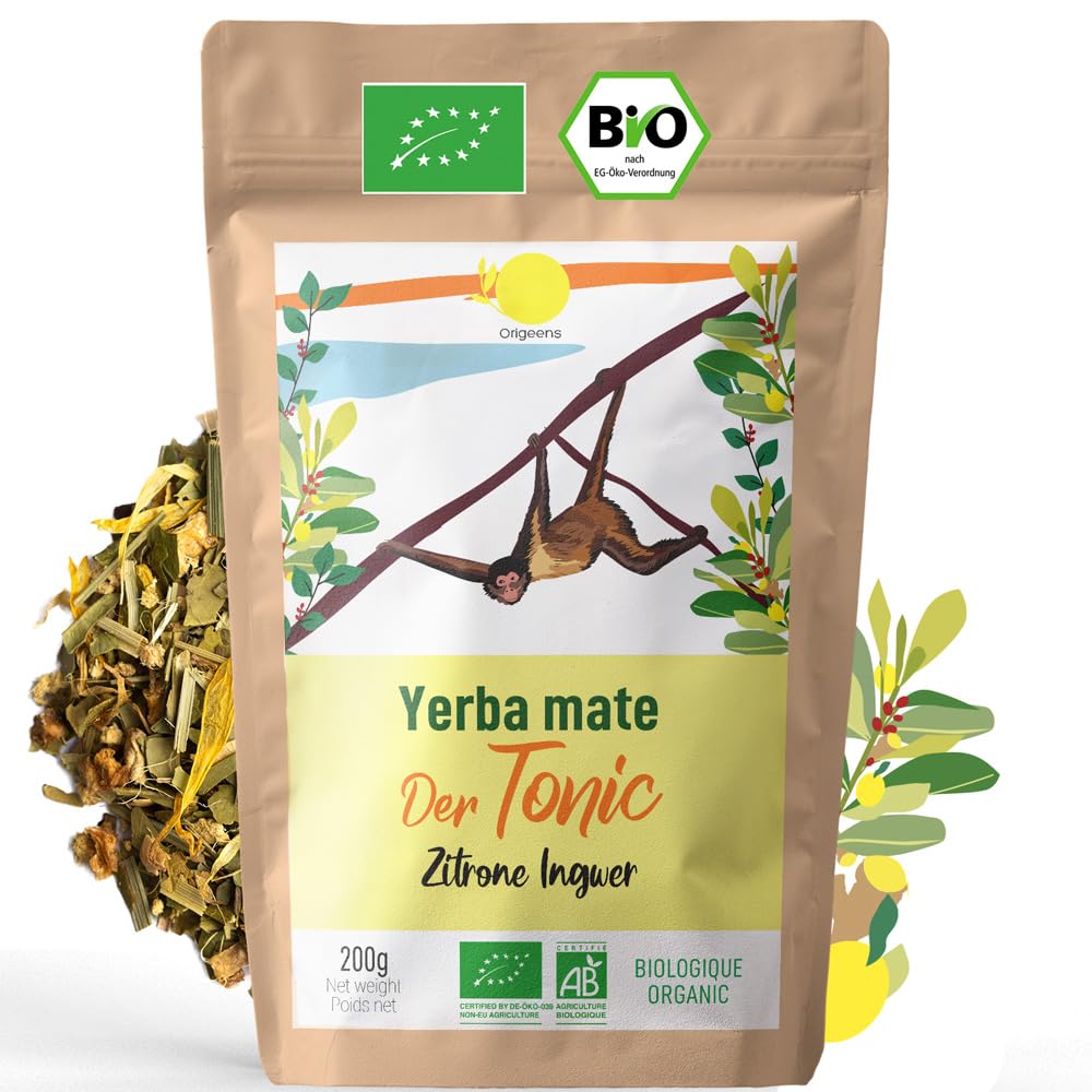 ORIGEENS BIO YERBA MATE MIT ZITRONE UND INGWER 200 g - Der Stärkende I Bio Yerba Matetee Ungeröstet, Blätter, Frei von Stängeln und Staub I Energie- und Detoxgetränk (Stärkend 200g)