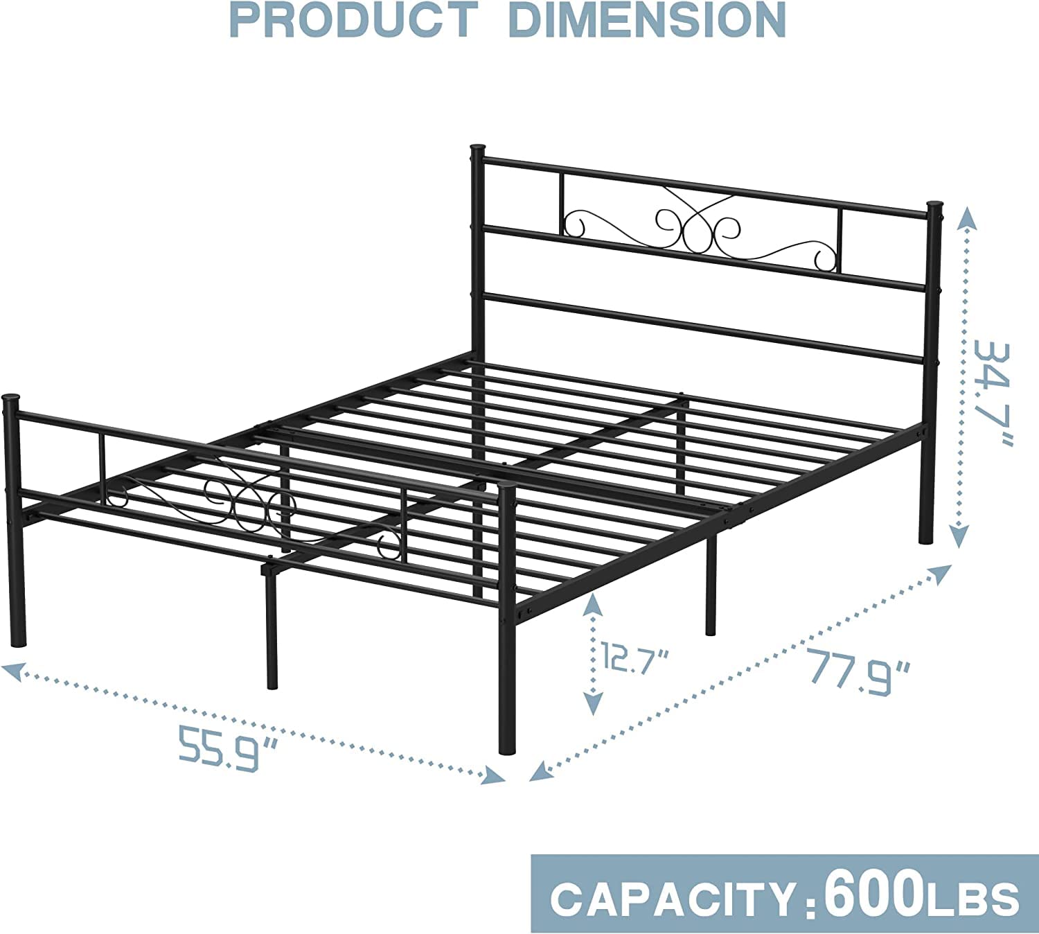 Weehom Full Size Bed Frame, Metal Platform Bed Mattress Foundation/Box Spring Replacement with Headboard Black