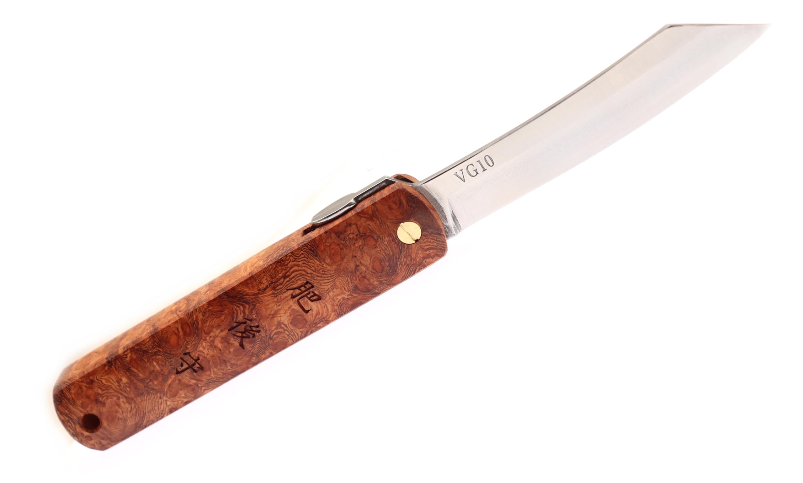 HIGO NO KAMI Handgefertigtes Japanisches Klappmesser von Nagao Kanekoma mit Stempel, Klinge aus VG-10-Edelstahl und Holzgriff, Aufbewahrungsetui, HRC 61 (Padauk Wood)