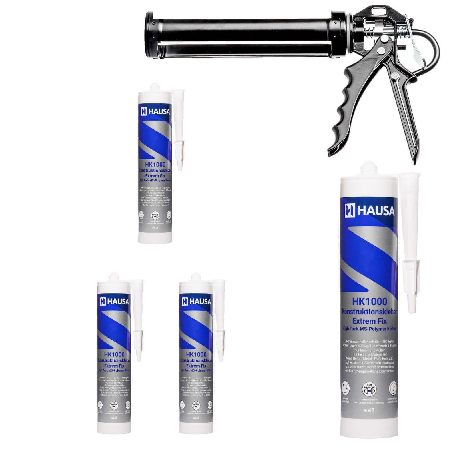 High-Tack Montagekleber 4x290ml + Kartuschenpresse 18:1 extrem schnell & stark MS-Polymerkleber für Innen & Außen alle Materialien dauerelastisch, witterungsbeständig, gebrauchsfertiger Set HAUSA