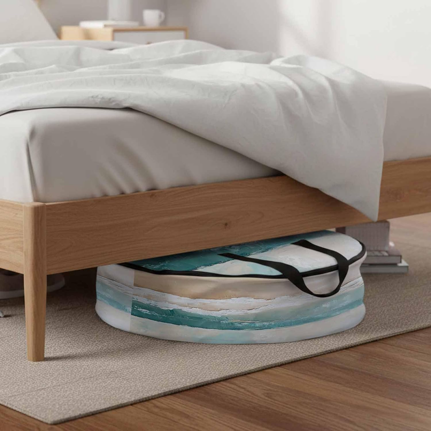 Abstract Beach Waves Round Storage Bag 36 Inch, Retro Blue Ocean Watercolor Clothes Storage Container with Handles Heavy Duty Organizer for Comforter, Bedding & Holiday Wreaths