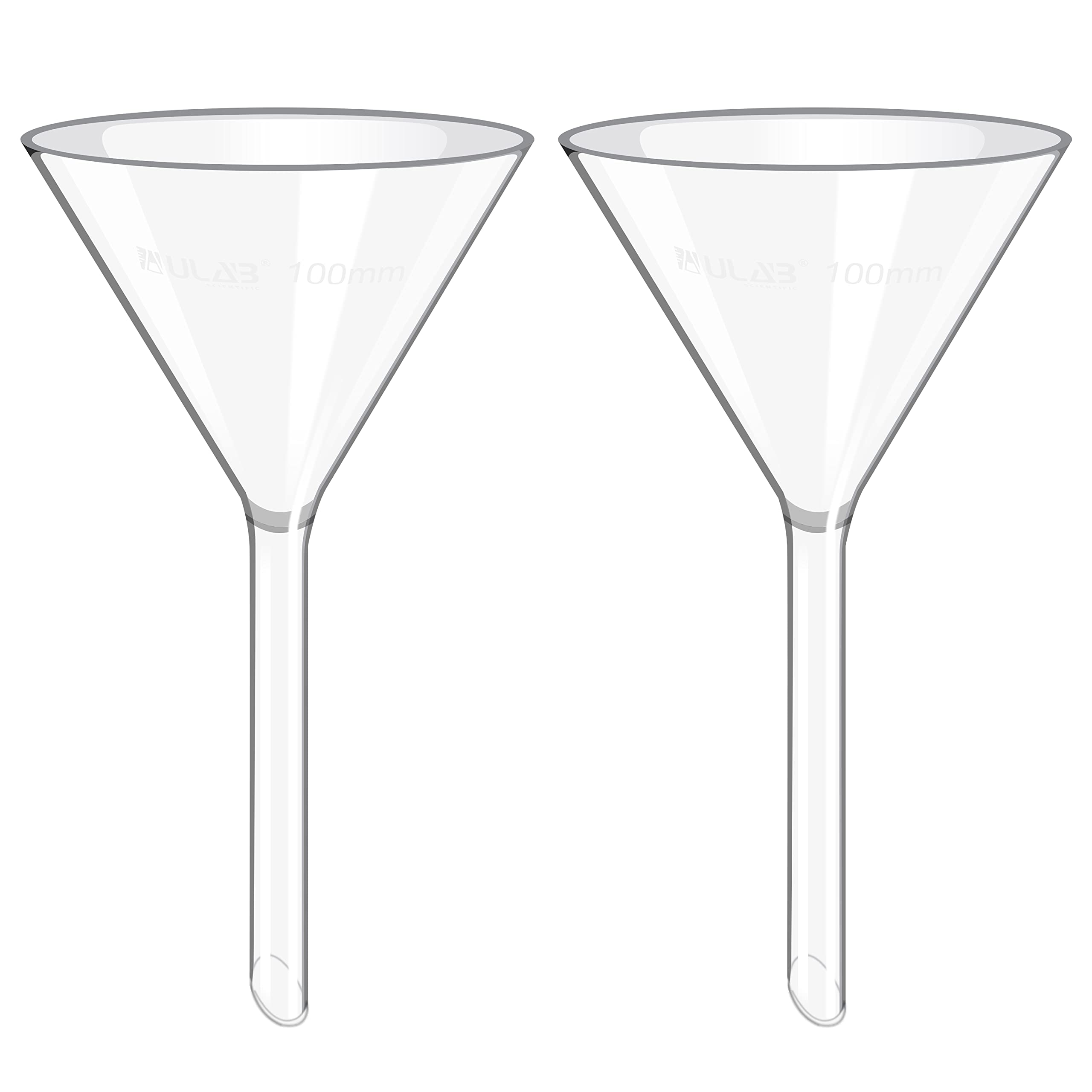 ULAB Scientific 100mm Glastrichter, kurzer Stieldurchmesser 13mm, 3.3 Borosilikatglas, dickwandig, 2er-Pack, UGF1010