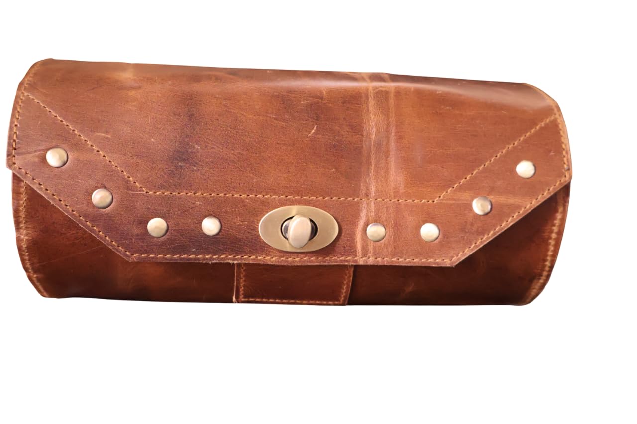 american blue Borsa da moto vintage, in vera pelle di capra, con fibbia a 2 cinghie e chiusura rapida, borsa porta attrezzi marrone, rinforzata, per manubrio, forcelle, borsa da bicicletta (motivo 21)