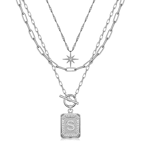 MJartoria Layered Initial Necklaces for Women Trendy, 14K Gold Plated Brass Simple Star Choker Square Letter Pendant Necklace, Paperclip Chain Necklaces Jewelry Gifts