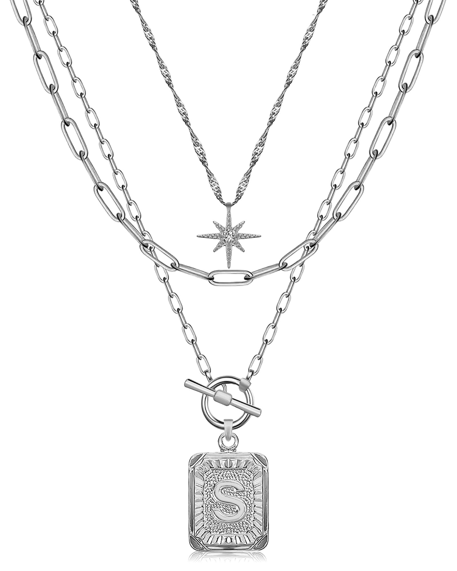 Layered Initial Necklaces for Women Trendy, 14K Gold Plated Brass Simple Star Choker Square Letter Pendant Necklace, Paperclip Chain Necklaces Jewelry Gifts