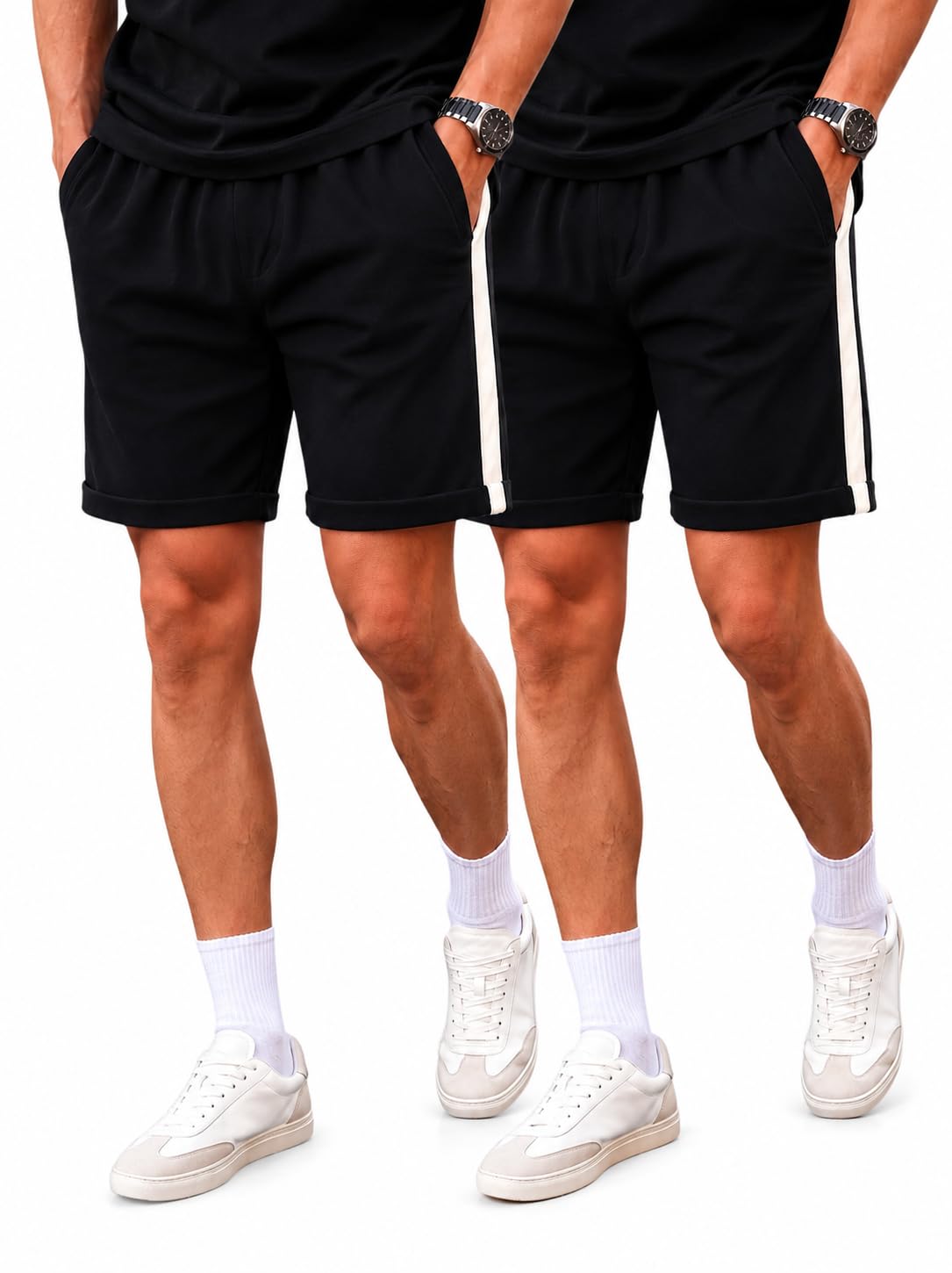 Men's Pack of 2 Solid Sports Shorts with Contrast Side Stripe Regular Fit Casual & Activewear Black,Black-image-11