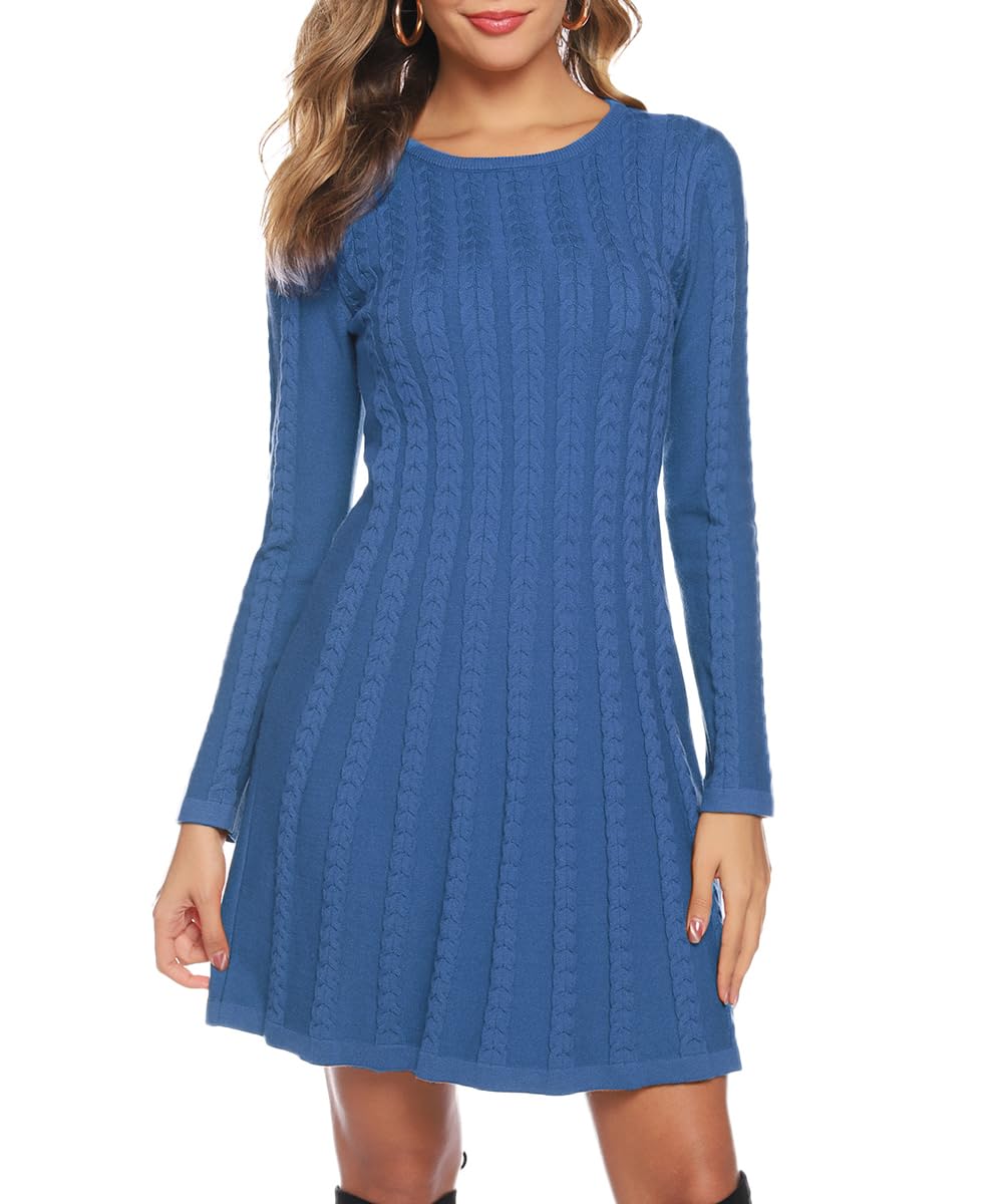 Gyabnw Vestito Casual Donna Invernale in Maglione Abito Vita Alta Elegante in Girocollo di Orlo Svasato Abito Linea A in Maglia al Ginocchio Caldo di Moda Treccia Ritorta