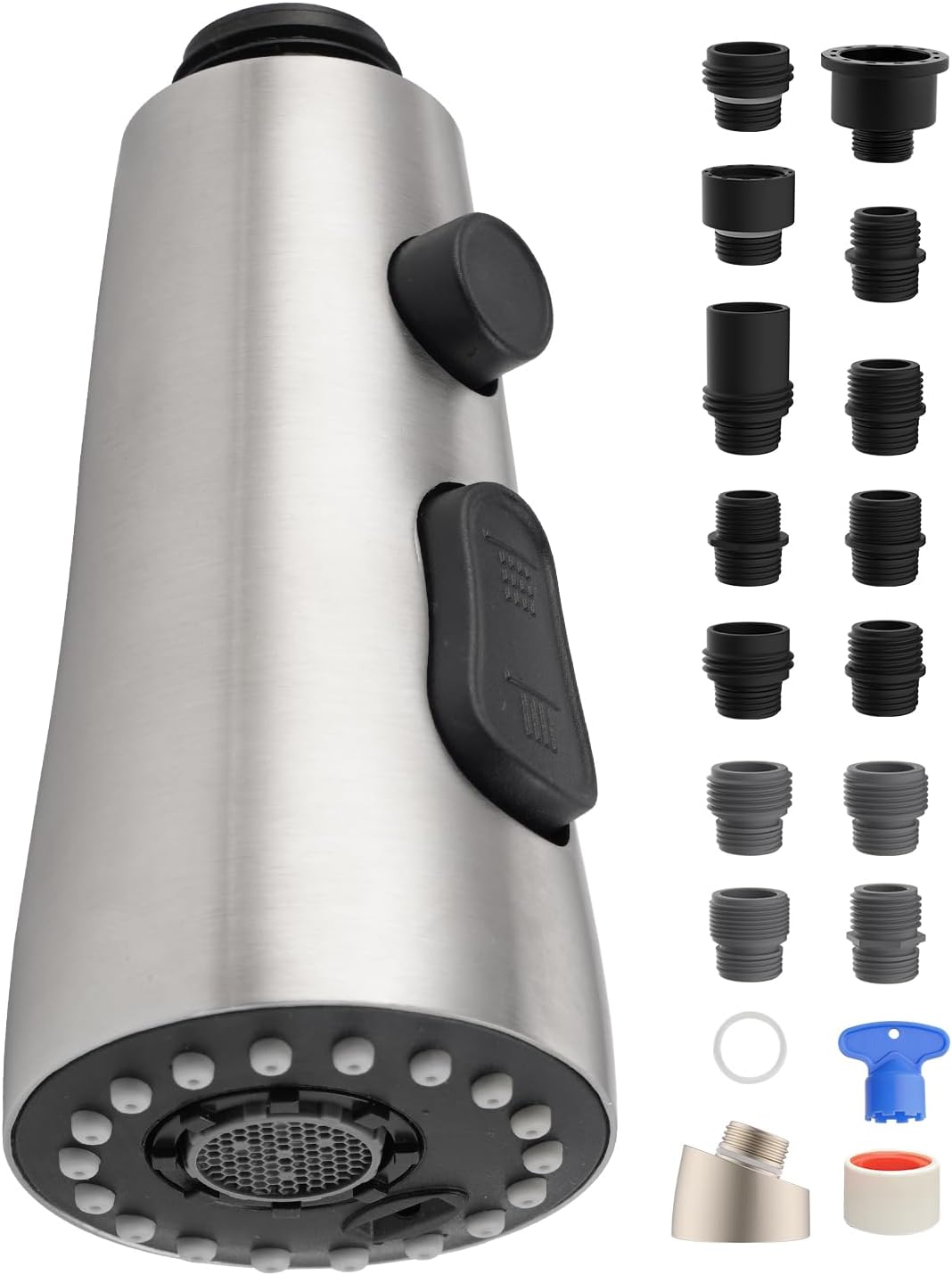 Kitchen Faucet Head Replacement with 15 Adapter Kit Compatible with Kohler/Moen/Delta Faucet, 3 Function Pull Down Sink Faucet Spray Head, Brushed Nickel