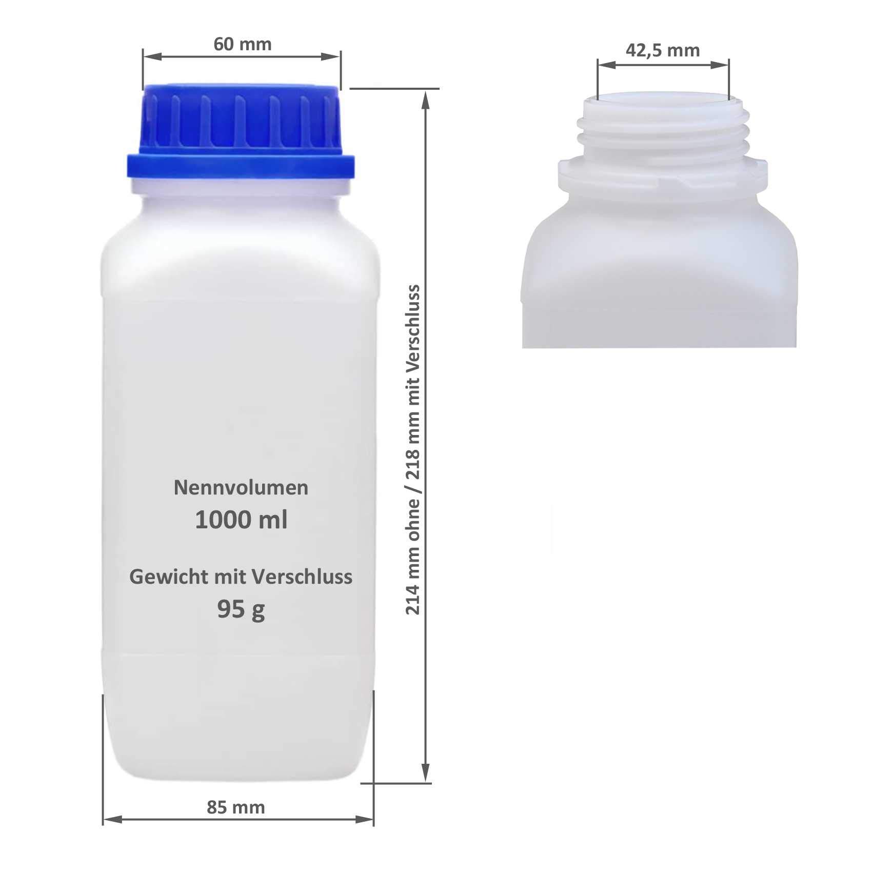 plasteo® 10x 1000 ml Weithalsflasche mit Schraubverschluss | Laborflasche Chemikalienflasche | lebensmittelecht mit Gefahrgutzulassung | absolut dicht spülmaschinengeeignet BPA-frei Plastikflasche