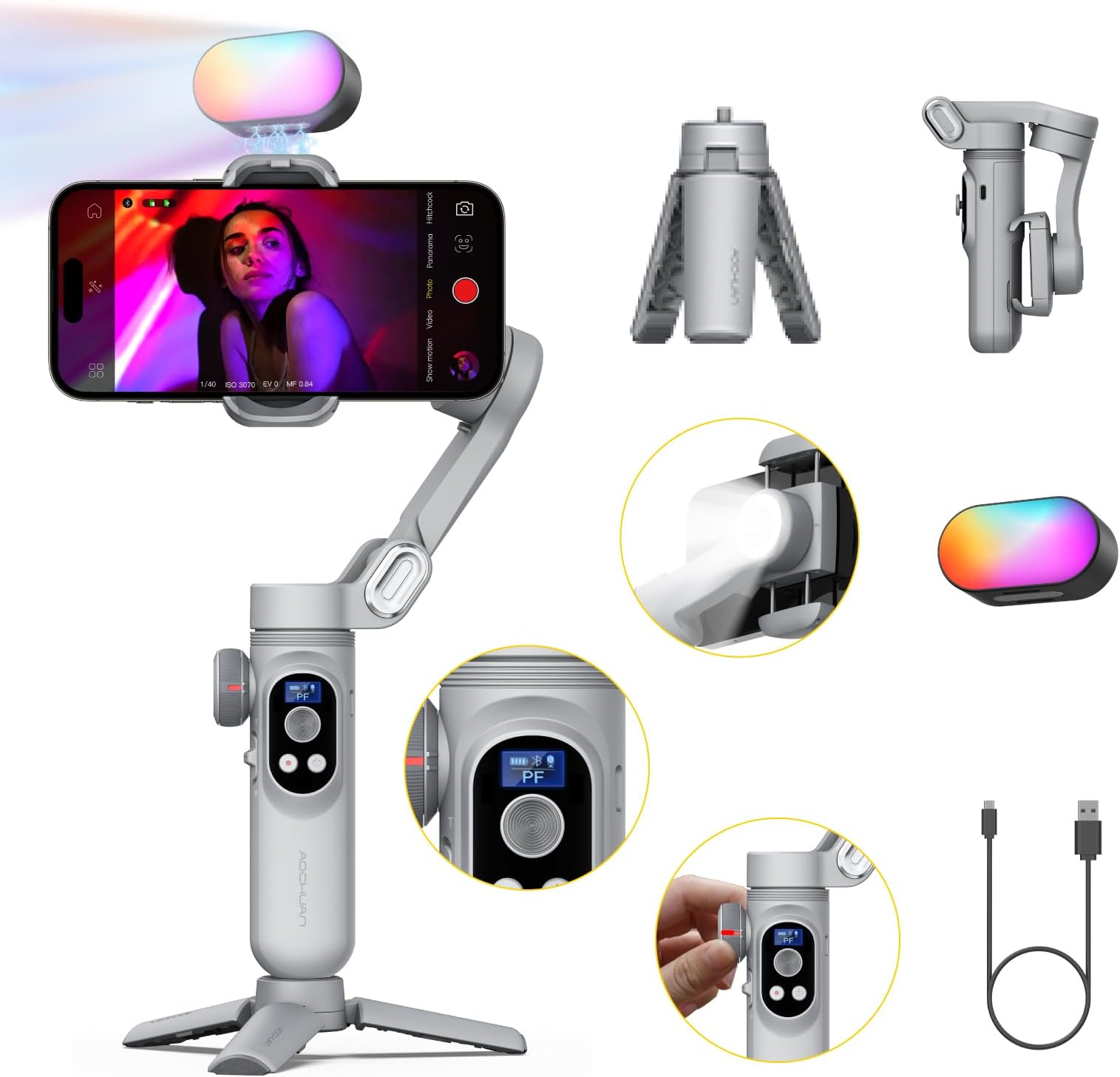 - iPhone Gimbal, 3-Axis Gimbal Stabilizer for Smartphone w/RGB Magnetic Fill Light Portable with Fous/Zoom Wheel for Vlog, Compatible with iPhone 15 Pro Max/Android-Smart X Pro Kit Gray