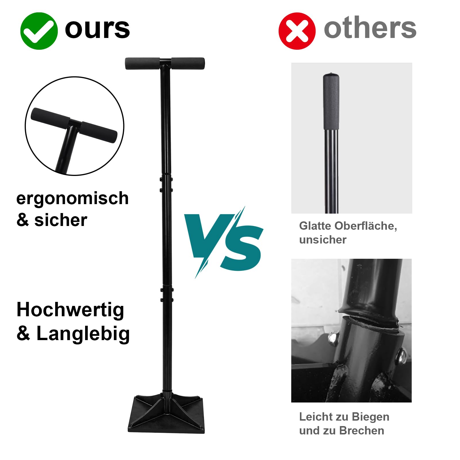 Handstampfer mit 120cm Griff, 25x25cm Stampfer Bodenverdichter mit T-Griff zum Verdichten und Handschuhe, Manuelle Rüttelplatte für Gartenarbeit Bodenmontage