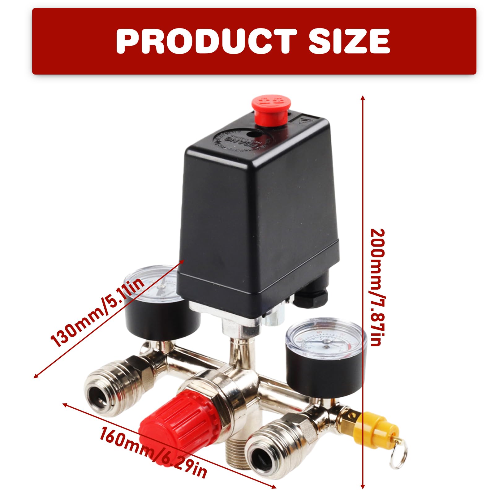 Regulador de presión compresor de 220 V con interruptor de presión, 2 manómetros, válvula de seguridad y 2 acoplamientos, compresor de aire reductor de presión con rosca exterior de 1/2", pieza de