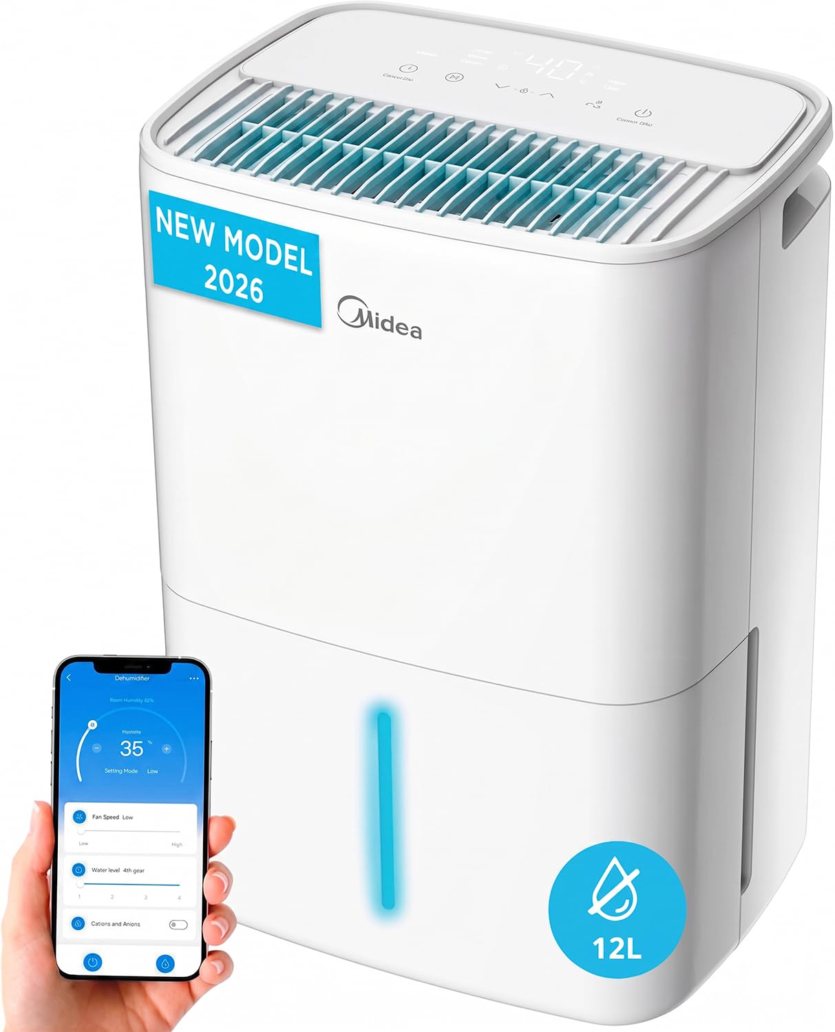 MIDEA Deshumidificador de Humedad Silencioso 12L/Dia | App/Wifi | 35 m2 | Deshumificadores para Humedades en Habitación con Depósito Extraible - Deshumificador Electrico Pequeño Bajo Consumo 300W