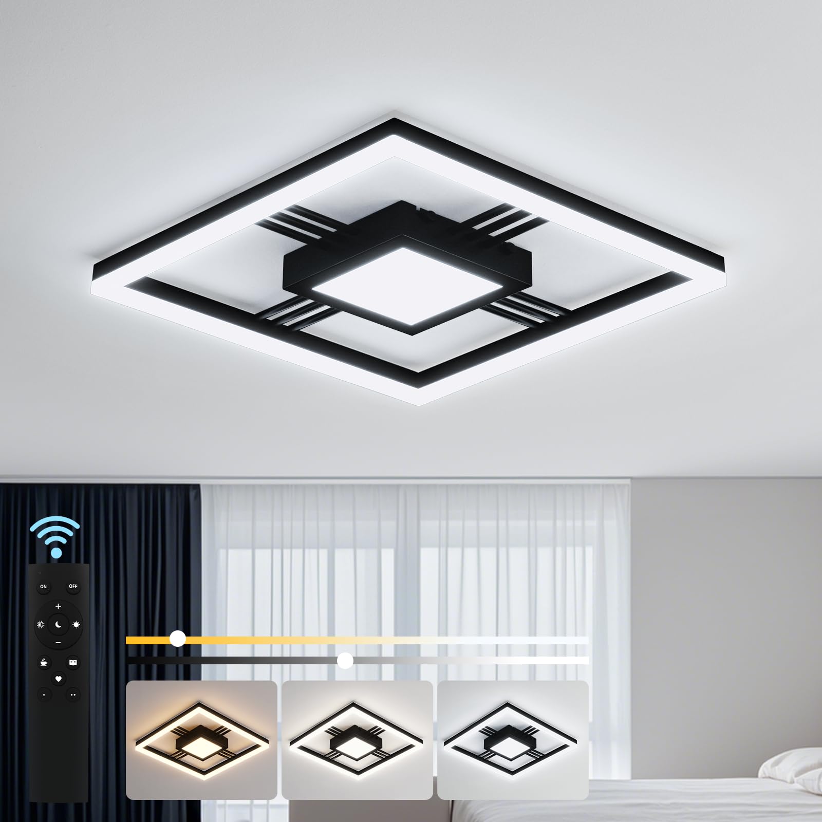 Sky angle LED Deckenleuchte mit Fernbedienung, Dimmable Schwarze Deckenlampe 3000K-6000K, 40W 4800LM 40cm Flush Mount für Schlafzimmer, Wohnzimmer, Arbeitszimmer, Badezimmer