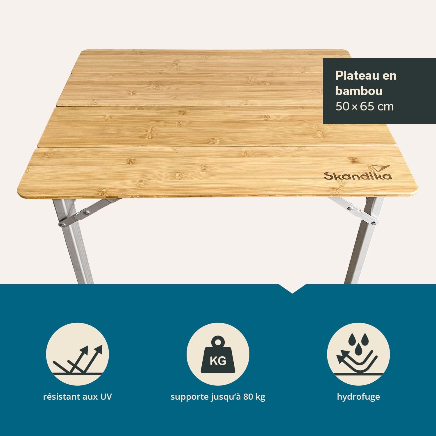 Skandika Table de Camping en Bambou Tolja | Table Pliante, différentes Tailles, réglable en Hauteur, alu, Bois, résistante aux UV et intempéries | Table Pliable pour Jardin, Balcon (65 x 50 x 65 cm)
